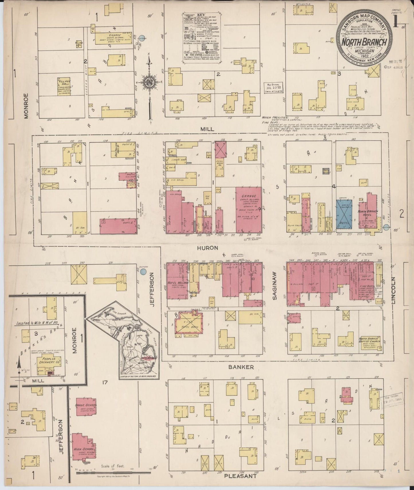Sanborn Fire Insurance Map from North Branch, Lapeer County, Michigan (1922), Sheet #0001 - Complete Map Set gallery image, historic Sanborn map, vintage wall art, Michigan Michigan