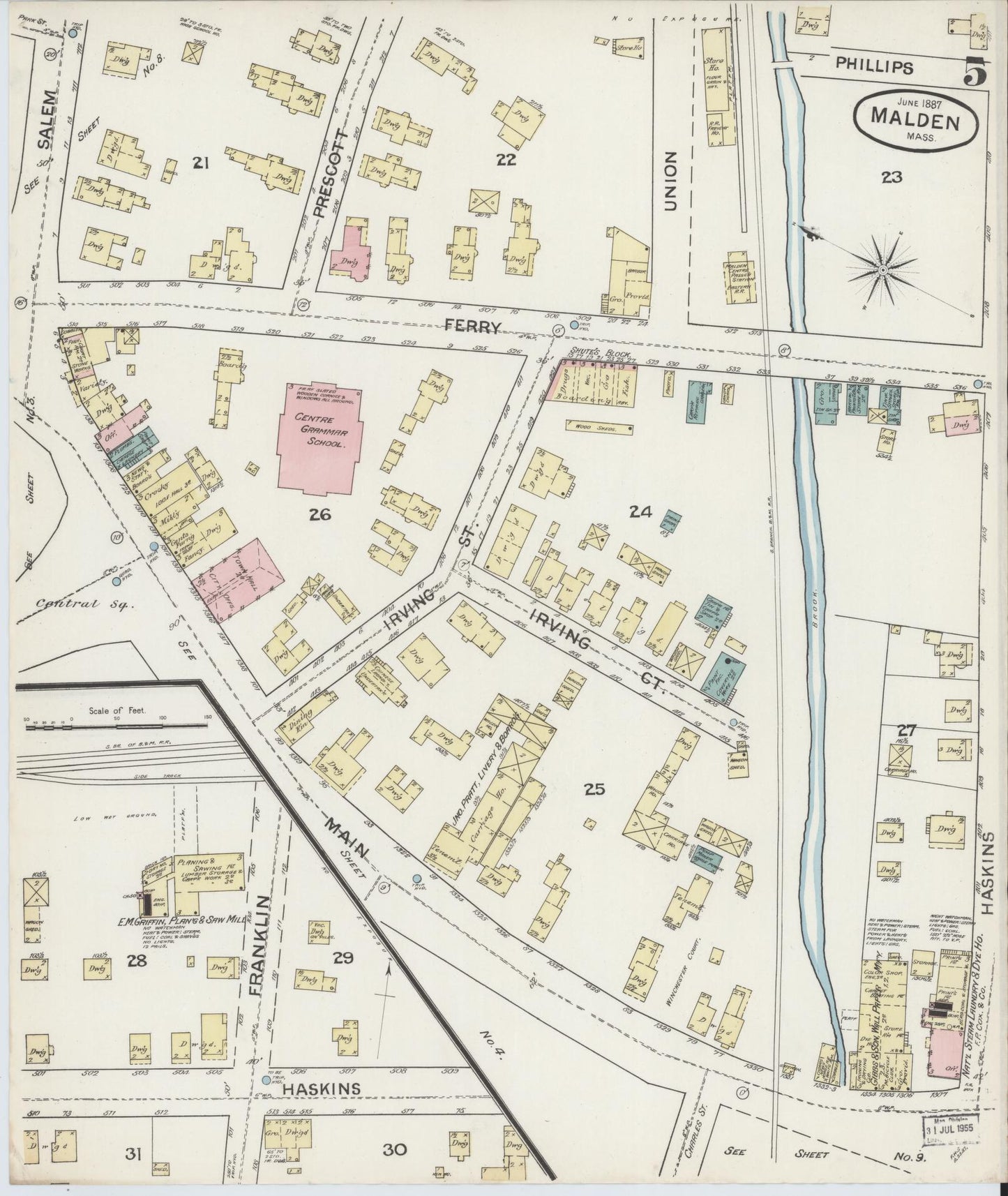 Sanborn Fire Insurance Map from Malden, Middlesex County, Massachusetts (1887), Sheet #0005 - Historic Sanborn Fire Insurance Map Print, vintage old map wall art, antique decor, genealogy gift, Massachusetts Massachusetts map