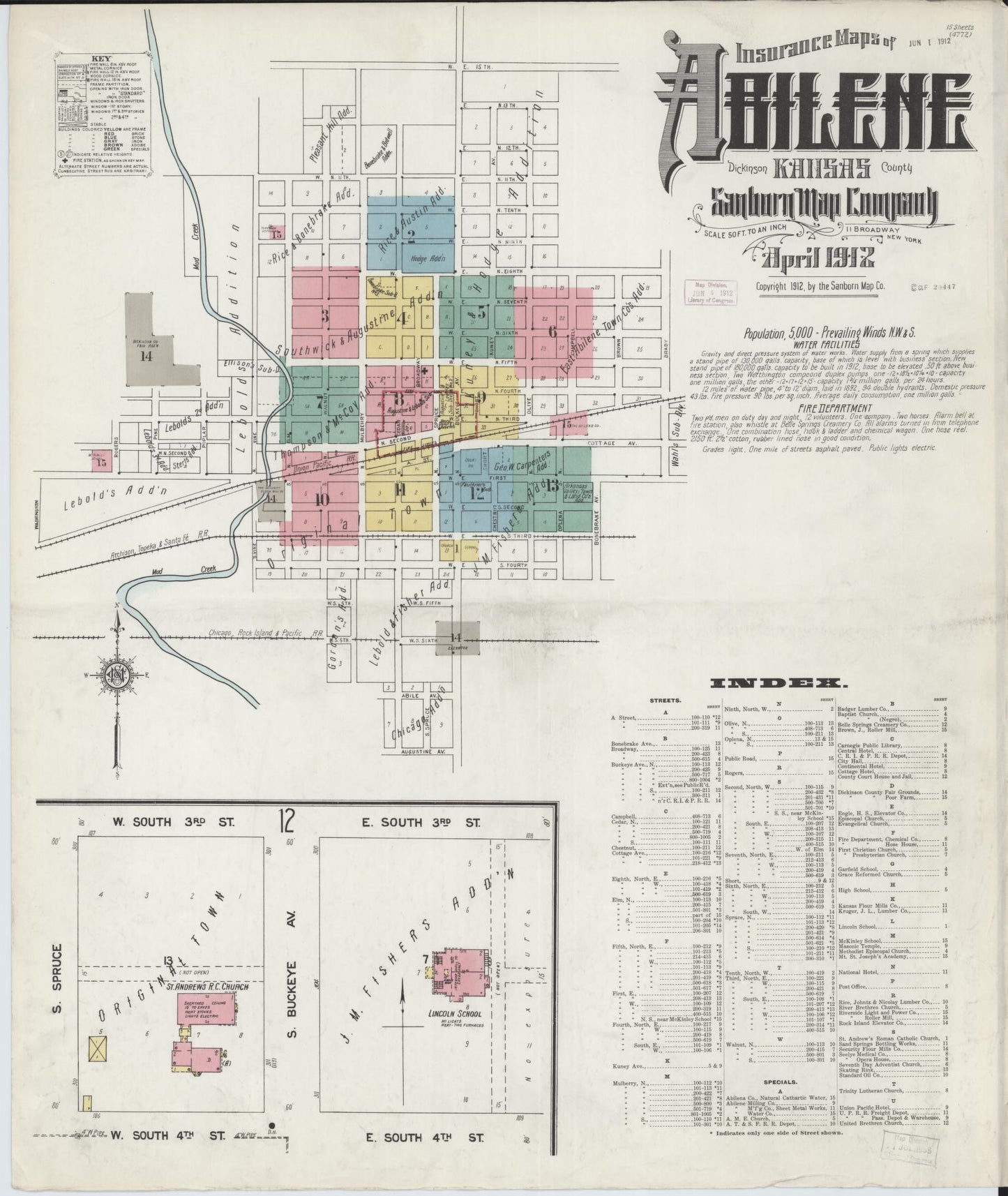 Sanborn Fire Insurance Map from Abilene, Dickinson County, Kansas (1912), Sheet #0001 - Complete Map Set gallery image, historic Sanborn map, vintage wall art, Kansas Kansas