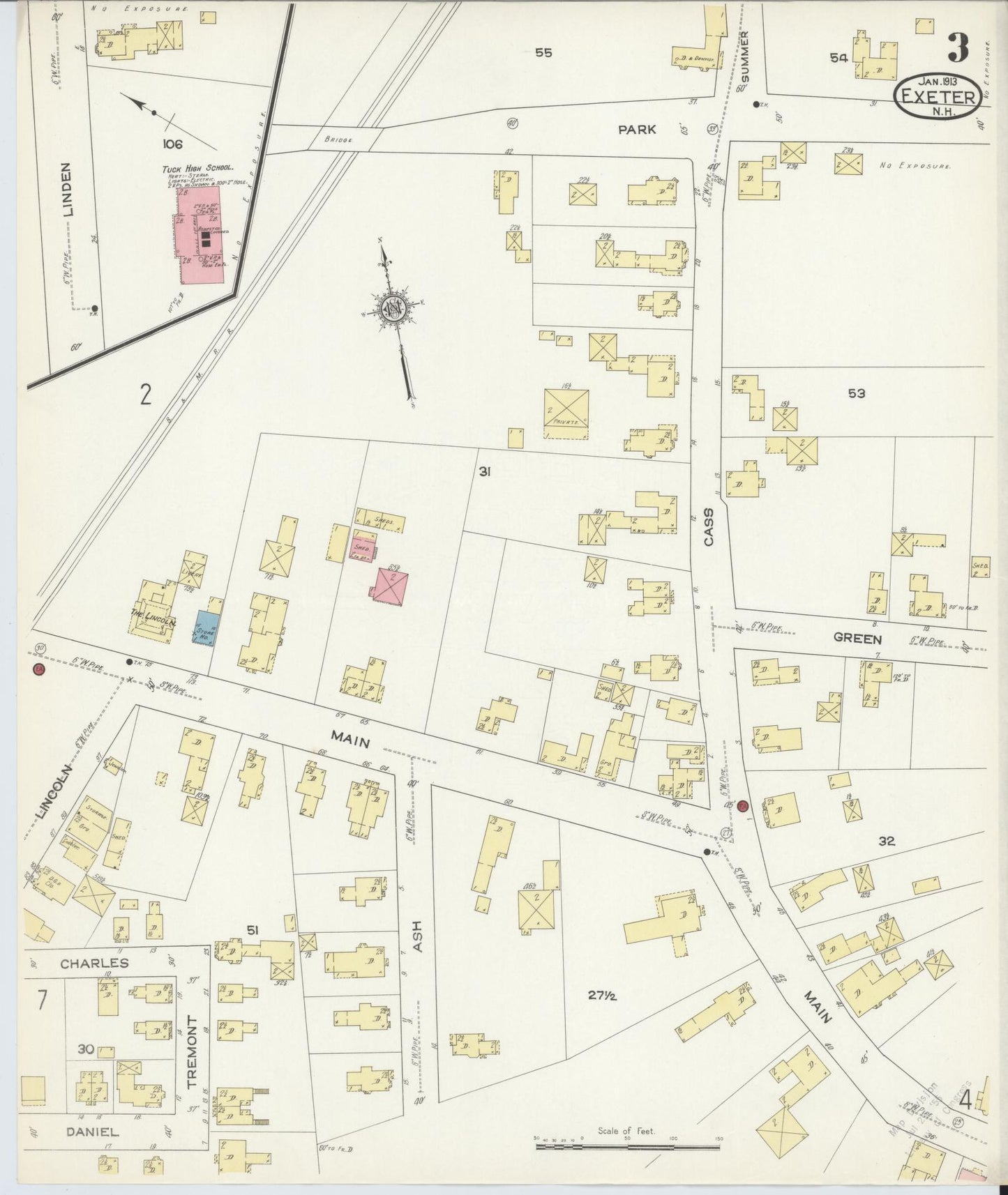 Sanborn Fire Insurance Map from Exeter, Rockingham County, New Hampshire (1913), Sheet #0003 - Complete Map Set gallery image, historic Sanborn map, vintage wall art, New Hampshire New Hampshire
