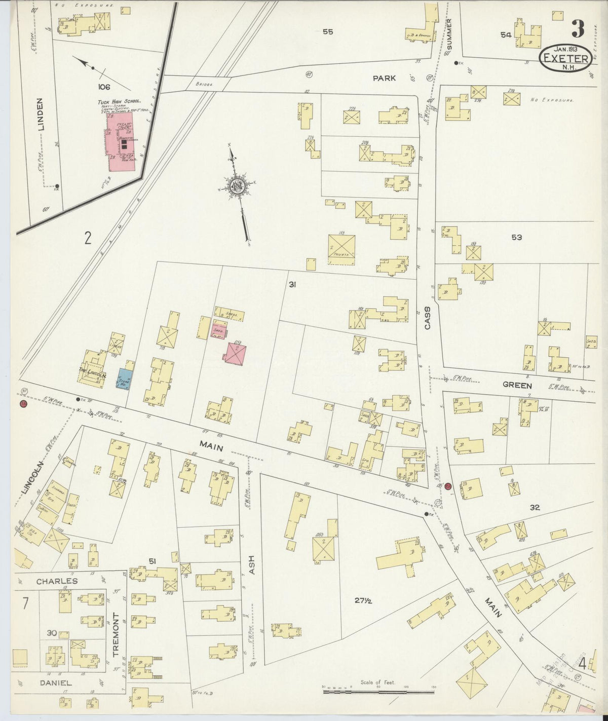 Sanborn Fire Insurance Map from Exeter, Rockingham County, New Hampshire (1913), Sheet #0003 - Complete Map Set gallery image, historic Sanborn map, vintage wall art, New Hampshire New Hampshire