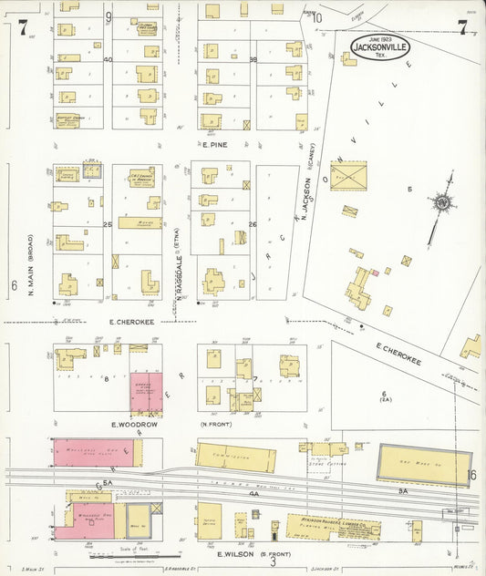 Sanborn Fire Insurance Map from Jacksonville, Cherokee County, Texas (1923), Sheet #0007 - Historic Sanborn Fire Insurance Map Print, vintage old map wall art, antique decor, genealogy gift, Texas Texas map