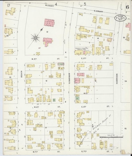 Sanborn Fire Insurance Map from Flint, Genesee County, Michigan (1898), Sheet #0006 - Historic Sanborn Fire Insurance Map Print, vintage old map wall art, antique decor, genealogy gift, Michigan Michigan map