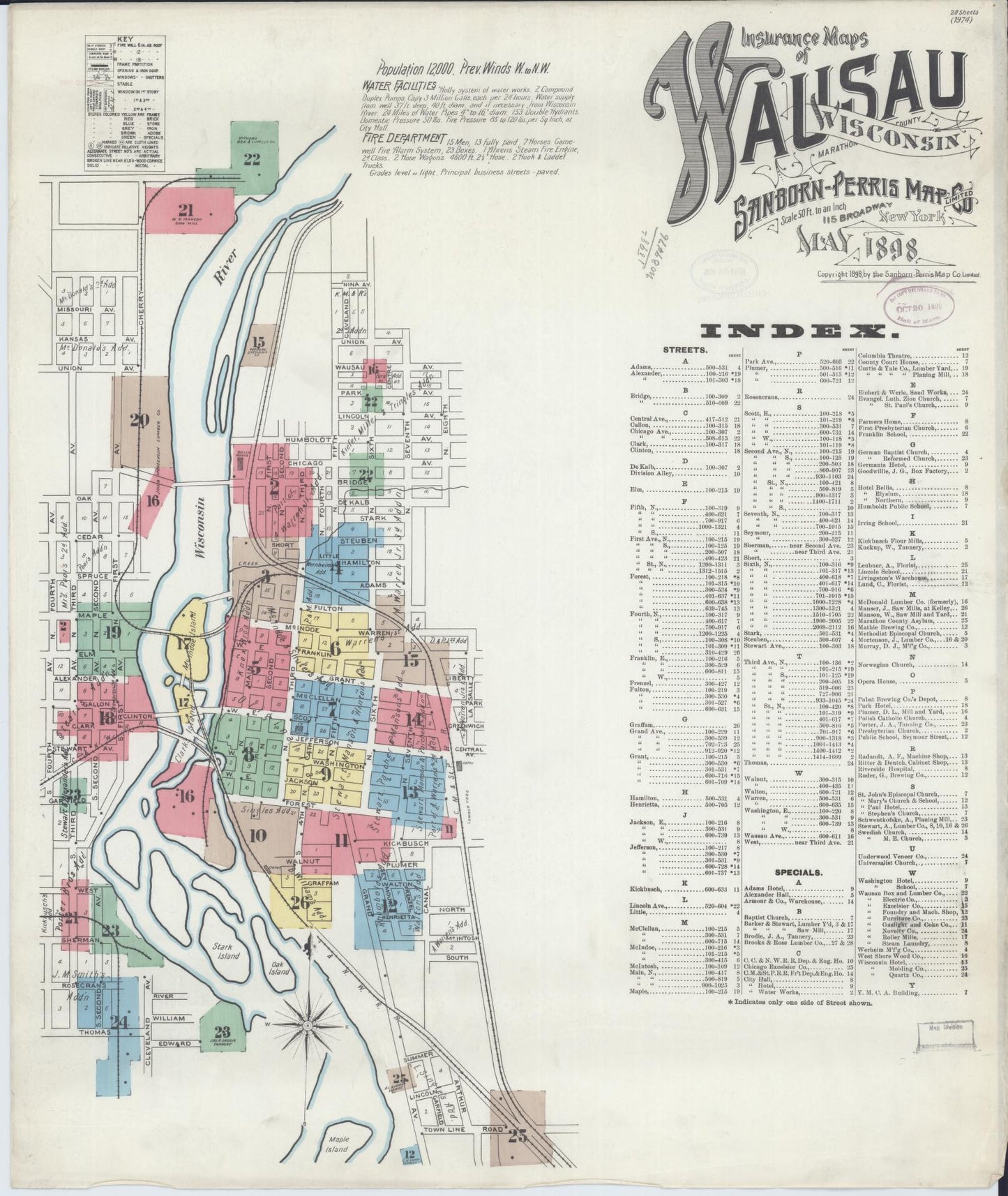 Sanborn Fire Insurance Map from Wausau, Marathon County, Wisconsin (1898), Sheet #0001 - Historic Sanborn Fire Insurance Map Print, vintage old map wall art, antique decor, genealogy gift, Wisconsin Wisconsin map