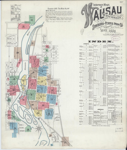 Sanborn Fire Insurance Map from Wausau, Marathon County, Wisconsin (1898), Sheet #0001 - Historic Sanborn Fire Insurance Map Print, vintage old map wall art, antique decor, genealogy gift, Wisconsin Wisconsin map