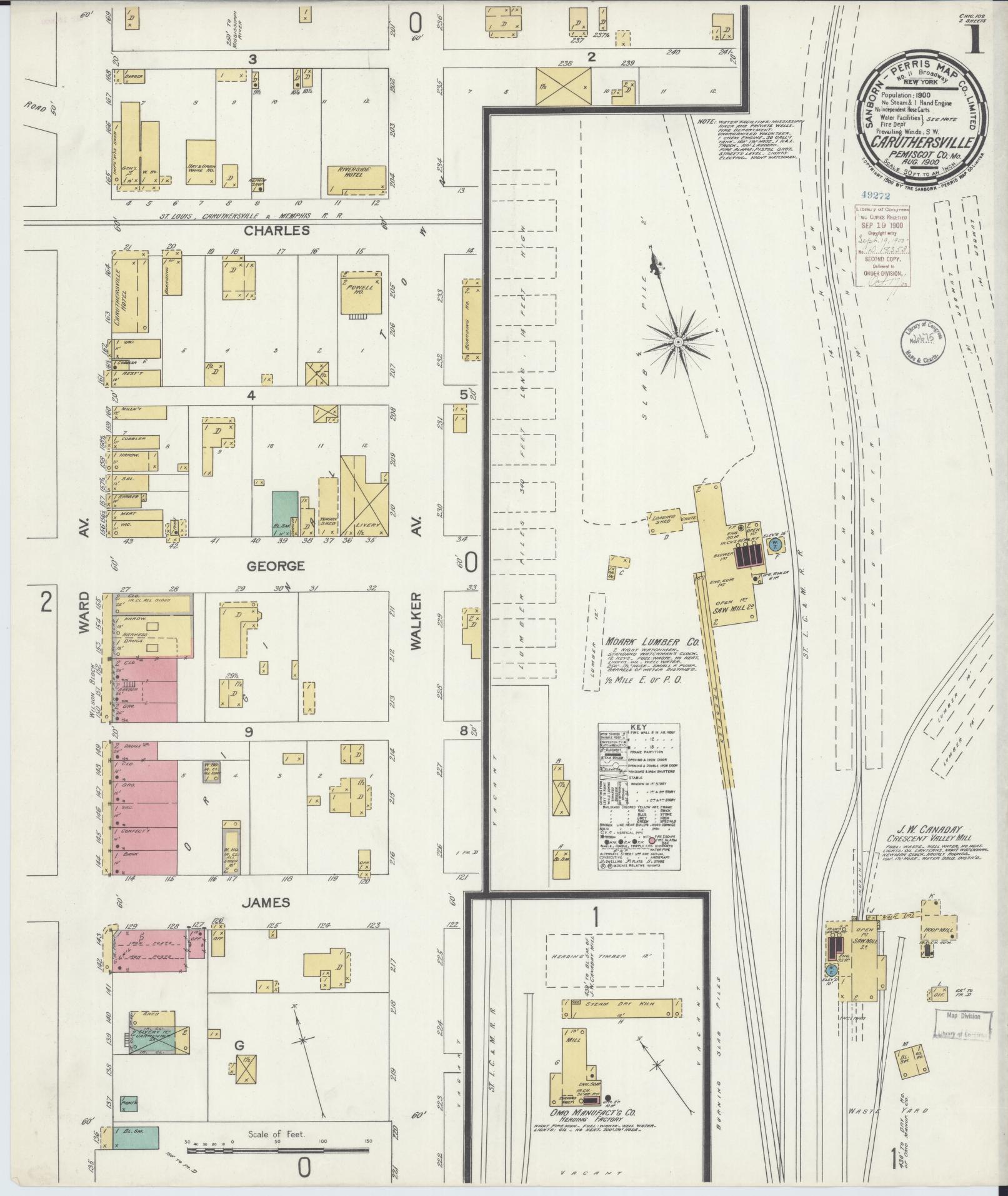 Sanborn Fire Insurance Map from Caruthersville, Pemiscot County, Missouri (1900), Sheet #0001 - Historic Sanborn Fire Insurance Map Print, vintage old map wall art, antique decor, genealogy gift, Missouri Missouri map
