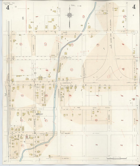 Sanborn Fire Insurance Map from Bastrop, Bastrop County, Texas (1944), Sheet #0004 - Historic Sanborn Fire Insurance Map Print, vintage old map wall art, antique decor, genealogy gift, Texas Texas map