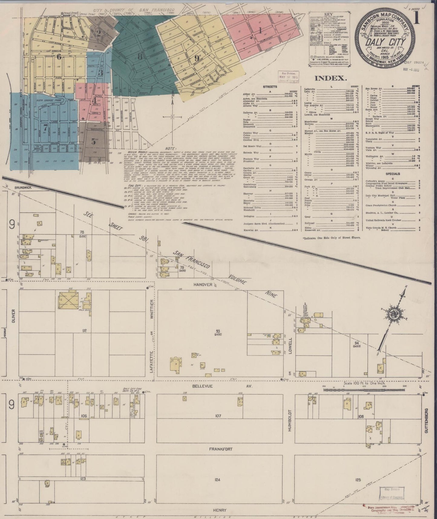 Sanborn Fire Insurance Map from Daly City, San Mateo County, California (1915), Sheet #0001 - Complete Map Set gallery image, historic Sanborn map, vintage wall art, California California
