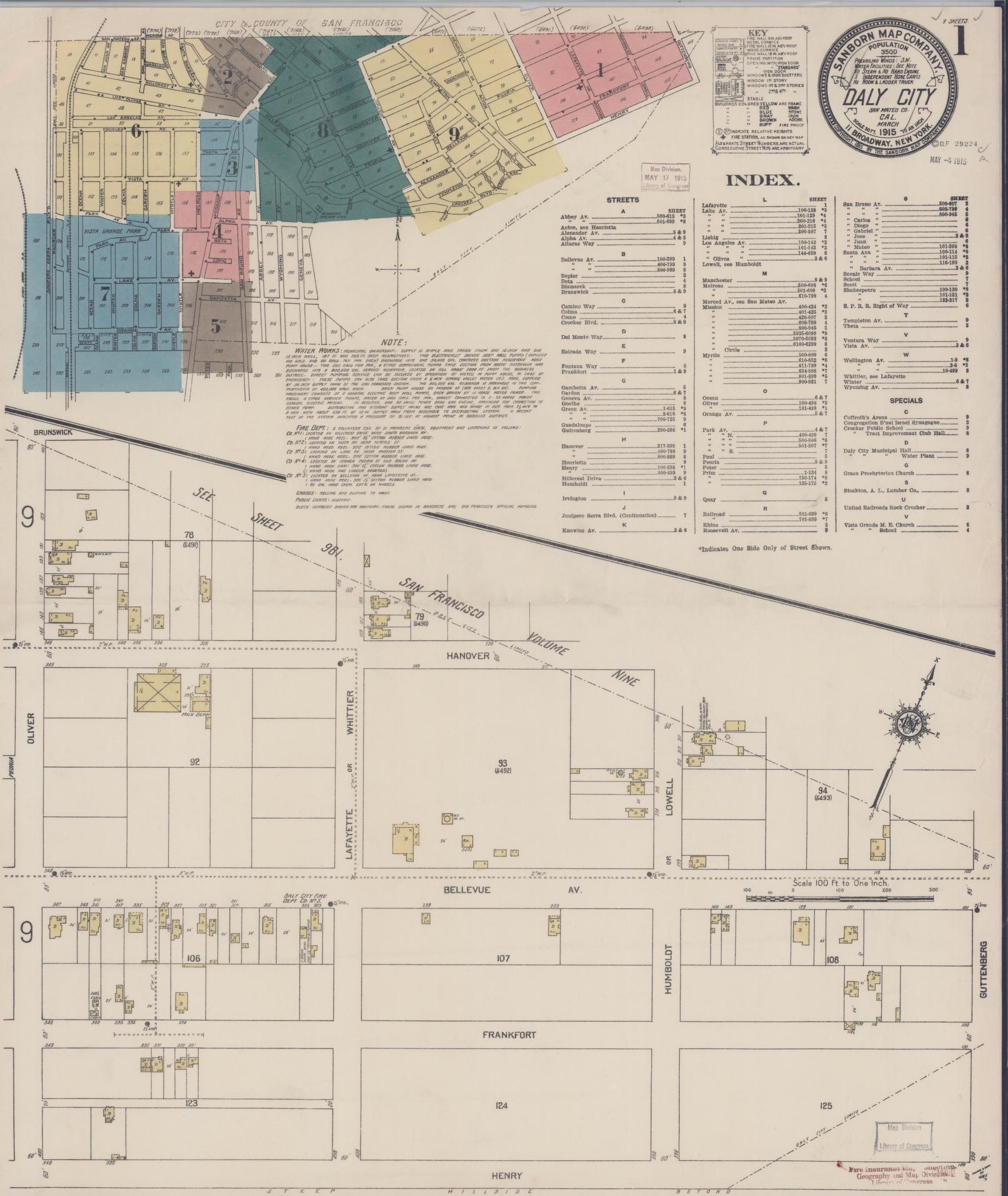 Sanborn Fire Insurance Map from Daly City, San Mateo County, California (1915), Sheet #0001 - Complete Map Set gallery image, historic Sanborn map, vintage wall art, California California
