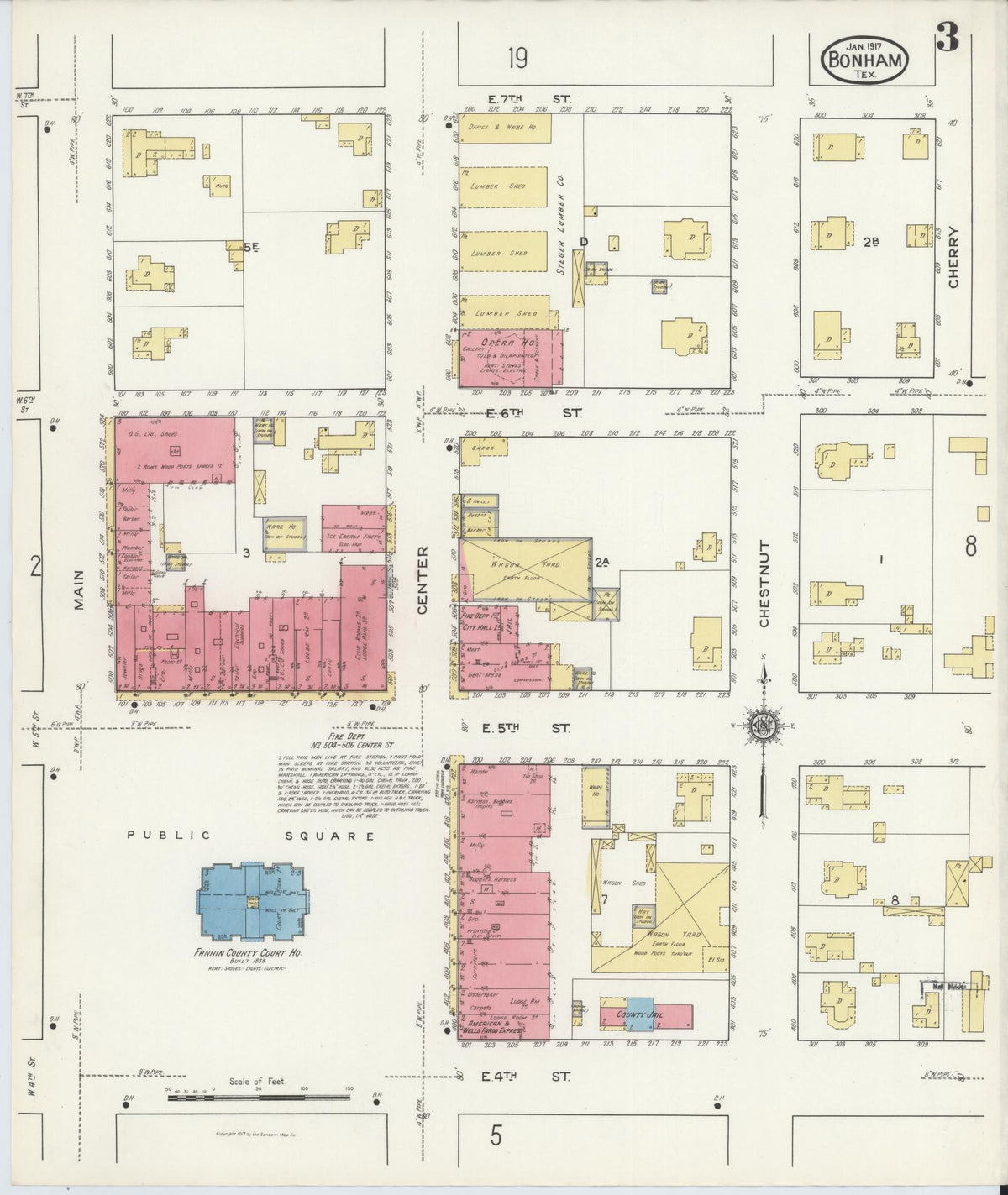 Sanborn Fire Insurance Map from Bonham, Fannin County, Texas (1917), Sheet #0003 - Complete Map Set gallery image, historic Sanborn map, vintage wall art, Texas Texas