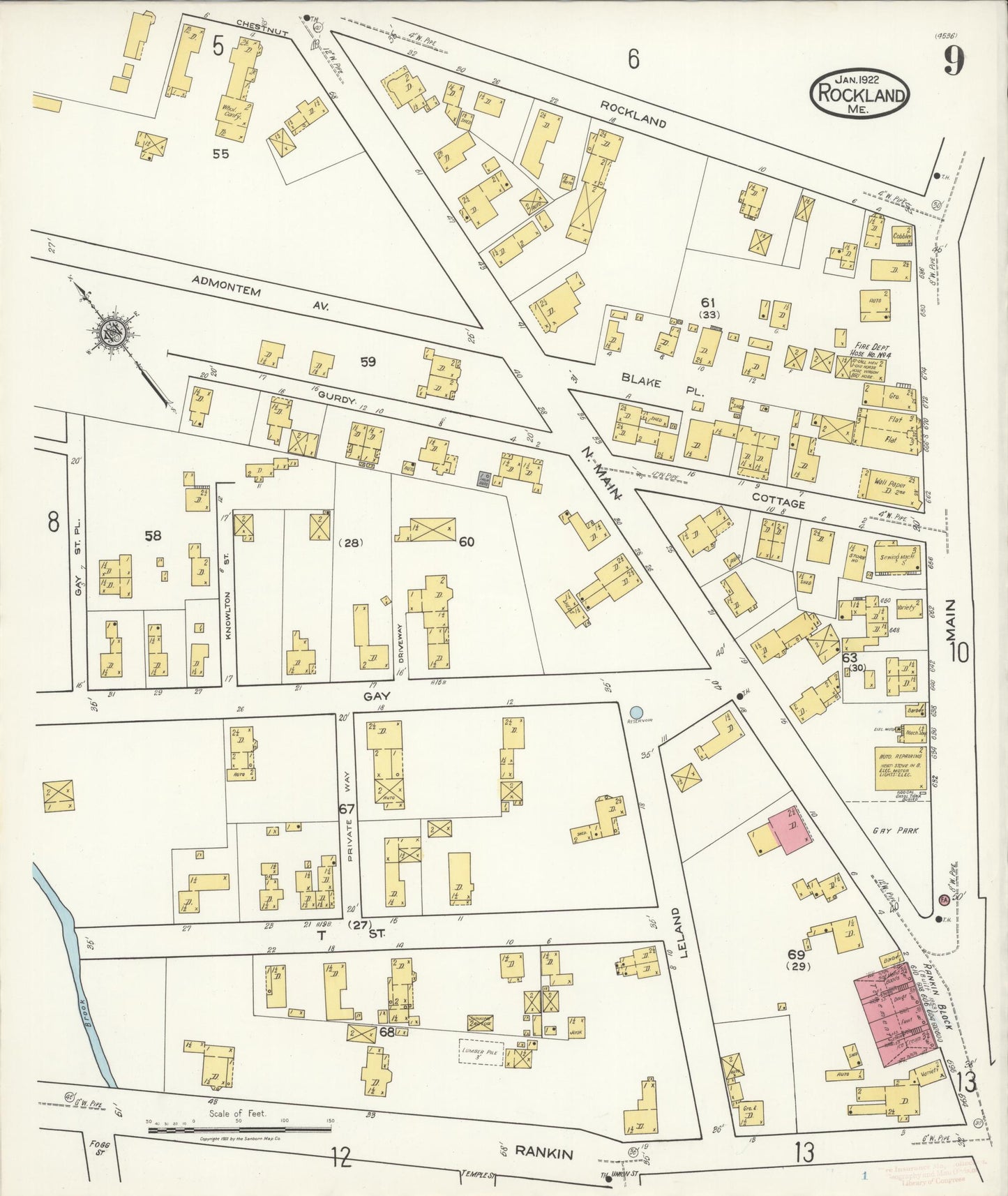Sanborn Fire Insurance Map from Rockland, Knox County, Maine (1922), Sheet #0009 - Historic Sanborn Fire Insurance Map Print, vintage old map wall art, antique decor, genealogy gift, Maine Maine map