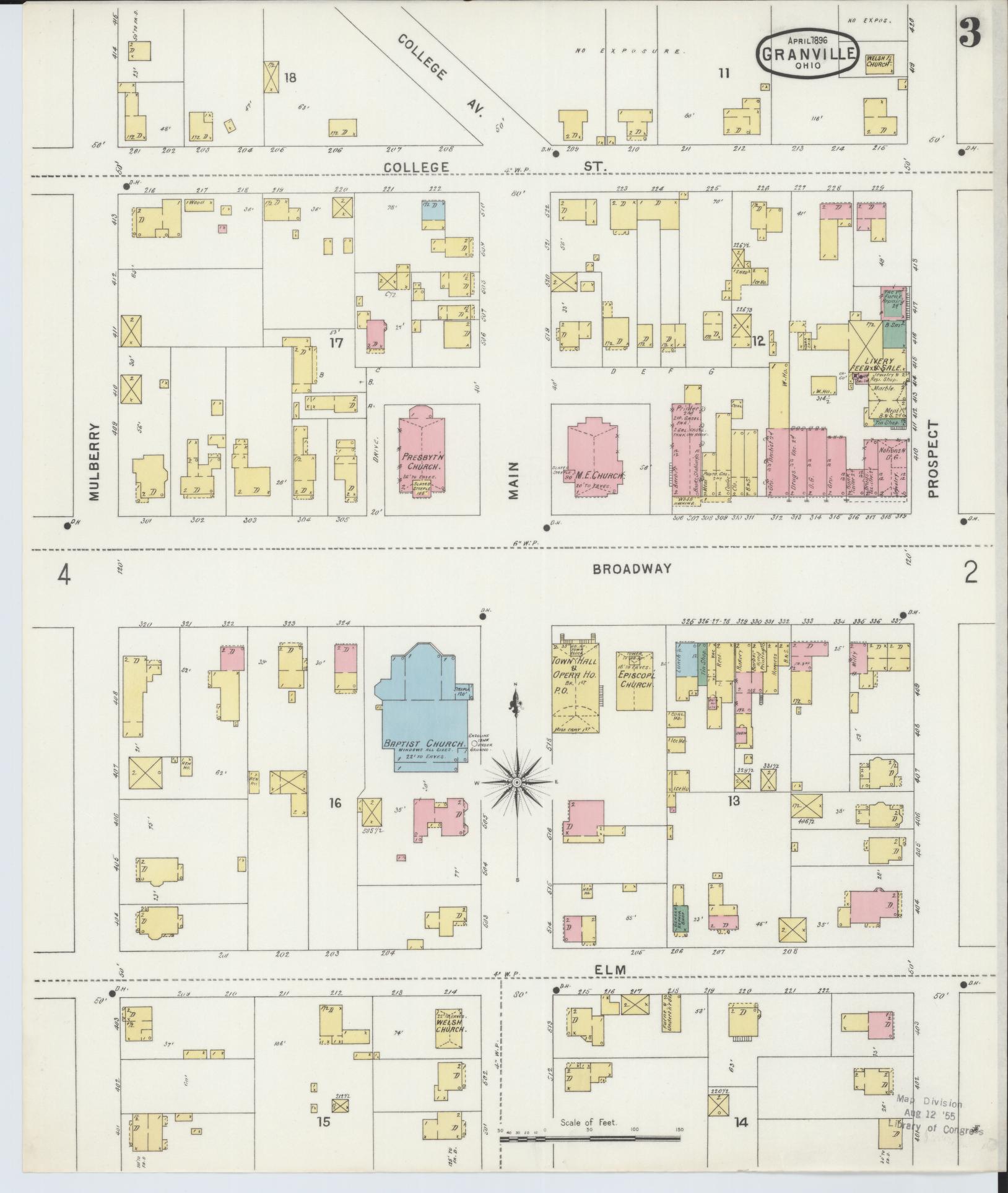Sanborn Fire Insurance Map from Granville, Licking County, Ohio (1896), Sheet #0003 - Historic Sanborn Fire Insurance Map Print, vintage old map wall art, antique decor, genealogy gift, Ohio Ohio map