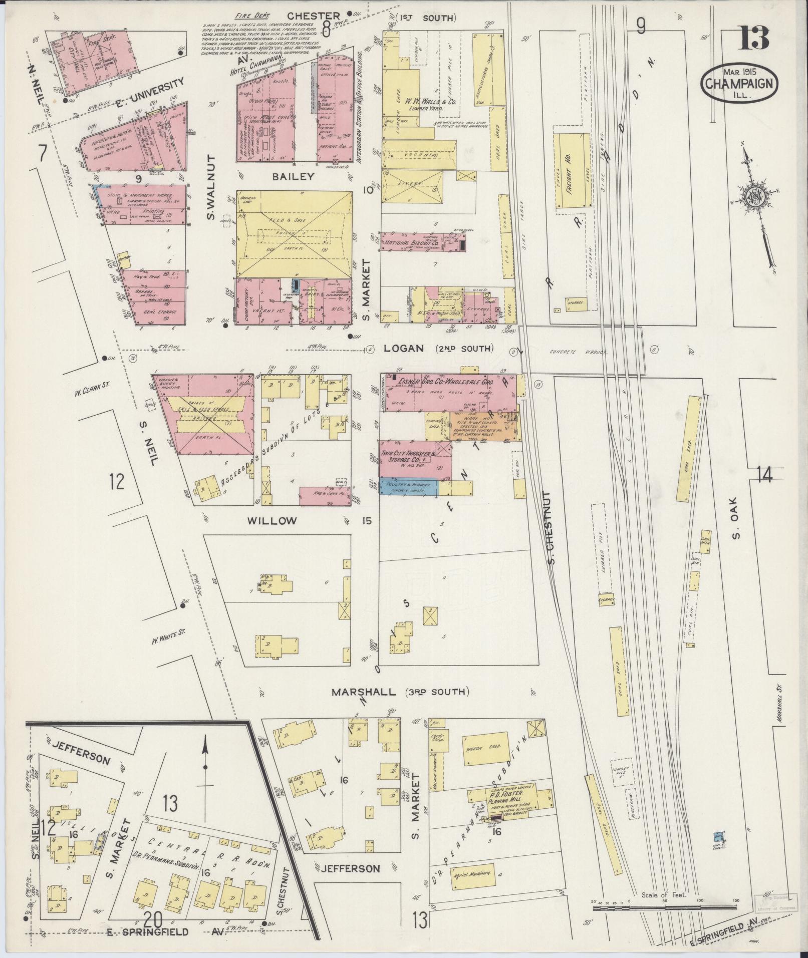 Sanborn Fire Insurance Map from Champaign, Champaign County, Illinois (1915), Sheet #0013 - Complete Map Set gallery image, historic Sanborn map, vintage wall art, Illinois Illinois