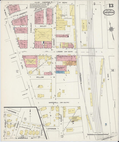 Sanborn Fire Insurance Map from Champaign, Champaign County, Illinois (1915), Sheet #0013 - Complete Map Set gallery image, historic Sanborn map, vintage wall art, Illinois Illinois