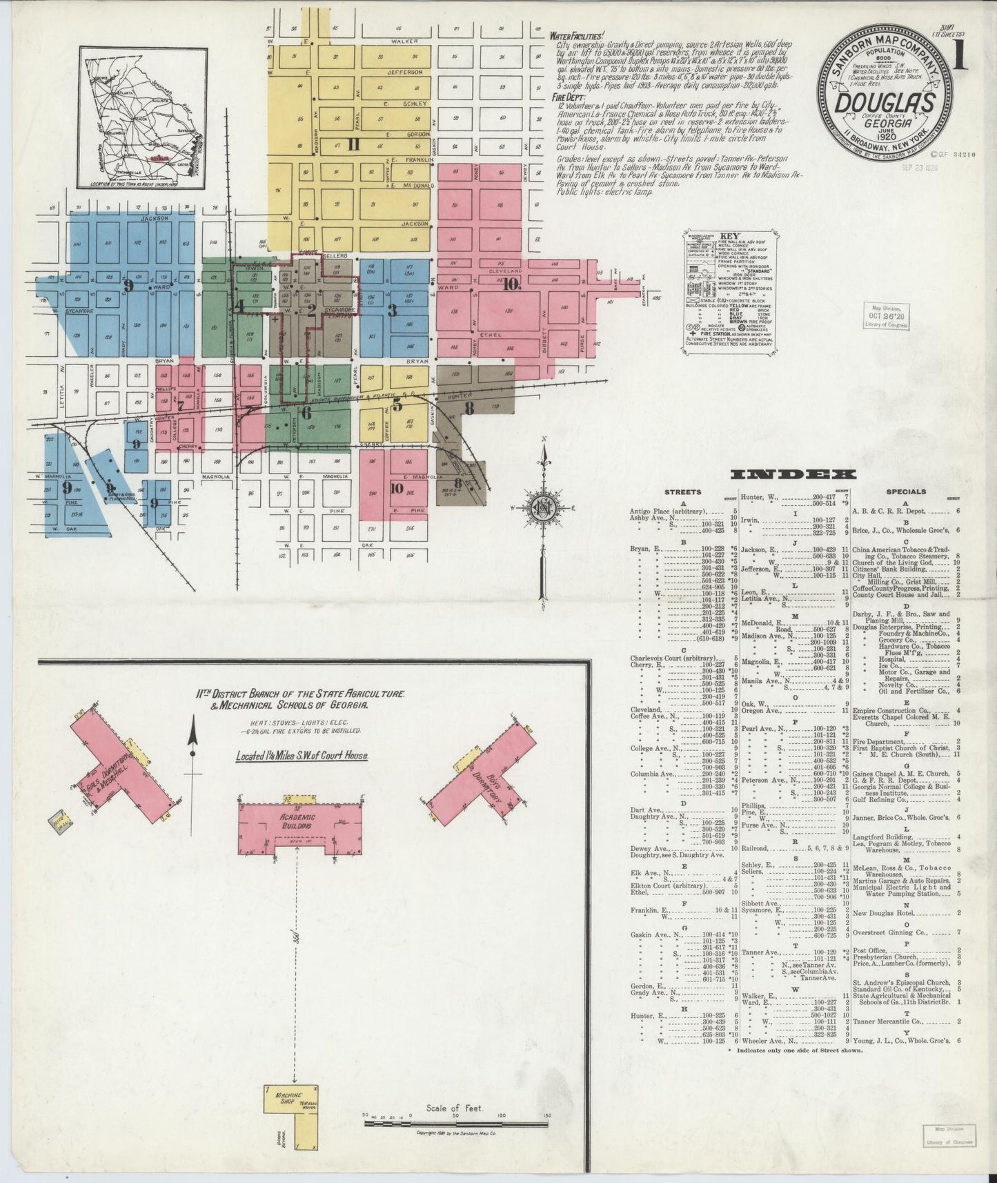 Sanborn Fire Insurance Map from Douglas, Coffee County, Georgia (1920), Sheet #0001 - Complete Map Set gallery image, historic Sanborn map, vintage wall art, Georgia Georgia