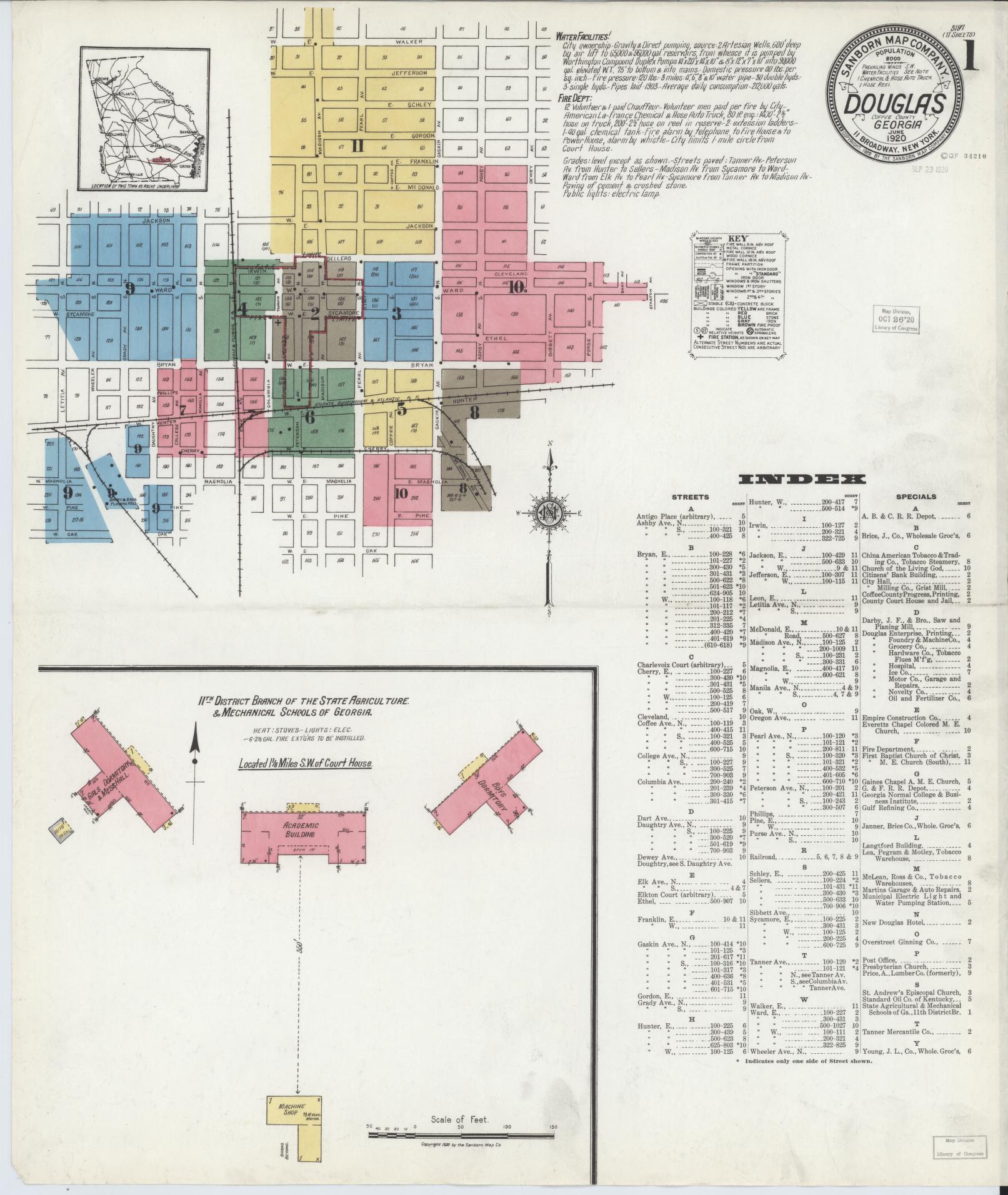 Sanborn Fire Insurance Map from Douglas, Coffee County, Georgia (1920), Sheet #0001 - Complete Map Set gallery image, historic Sanborn map, vintage wall art, Georgia Georgia