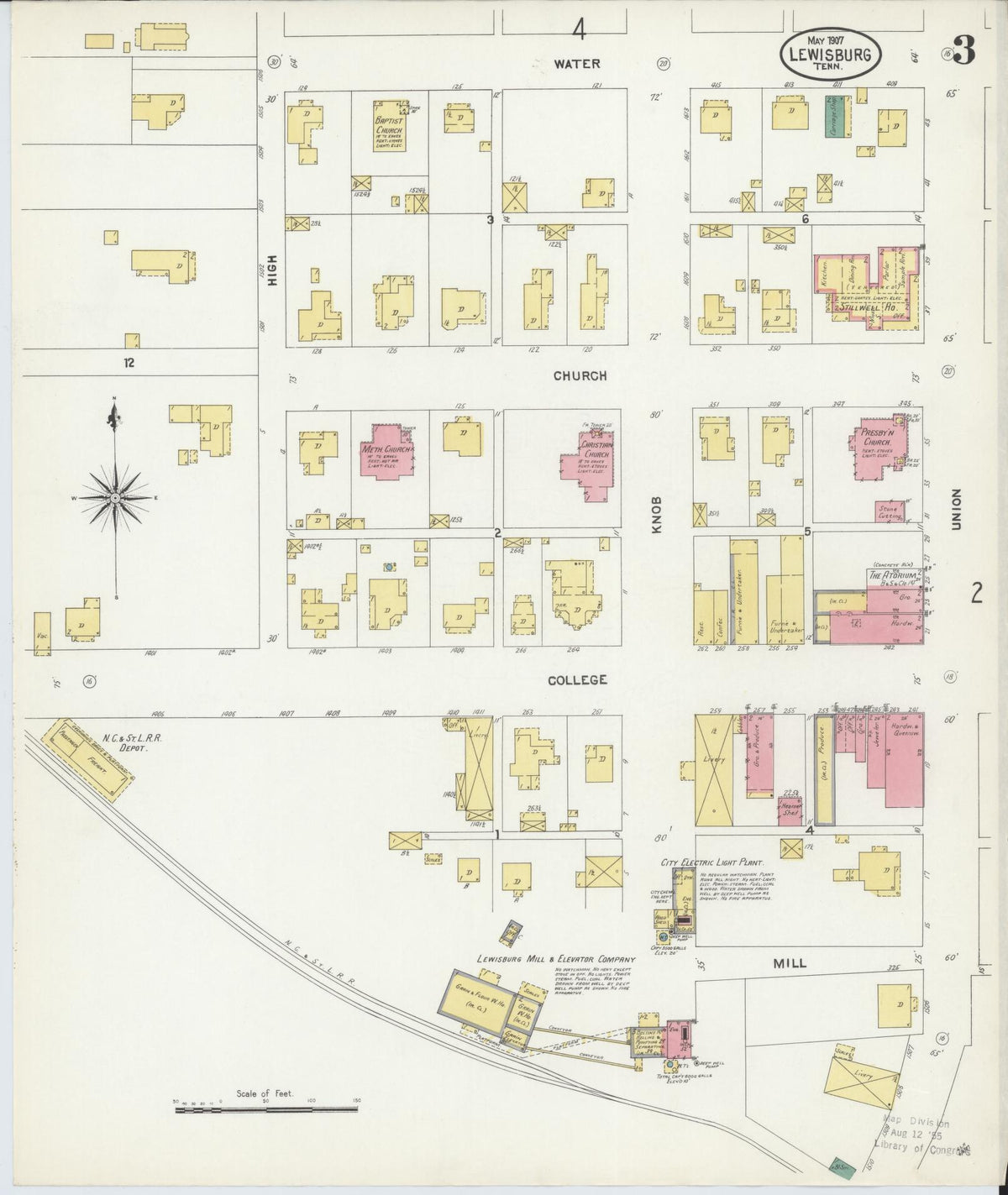 Sanborn Fire Insurance Map from Lewisburg, Marshall County, Tennessee (1907), Sheet #0003 - Complete Map Set gallery image, historic Sanborn map, vintage wall art, Tennessee Tennessee