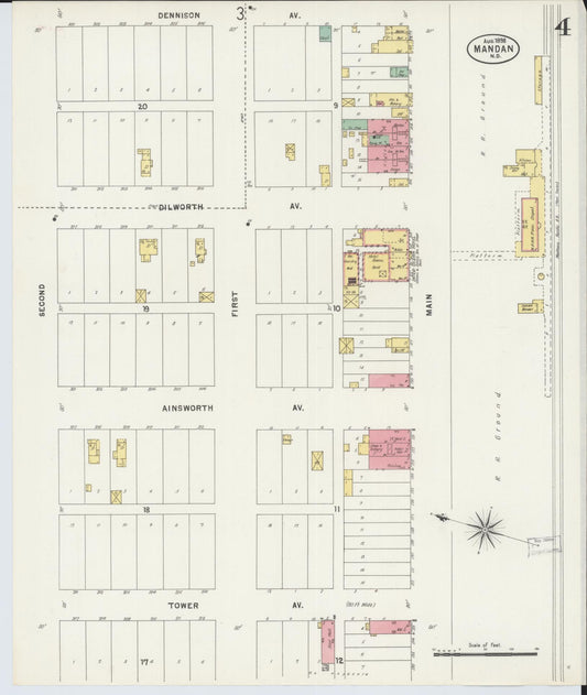 Sanborn Fire Insurance Map from Mandan, Morton County, North Dakota (1898), Sheet #0004 - Historic Sanborn Fire Insurance Map Print, vintage old map wall art, antique decor, genealogy gift, North Dakota North Dakota map