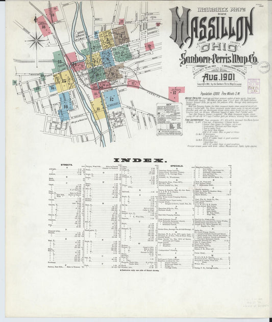 Sanborn Fire Insurance Map from Massillon, Stark County, Ohio (1901), Sheet #0001 - Historic Sanborn Fire Insurance Map Print, vintage old map wall art, antique decor, genealogy gift, Ohio Ohio map