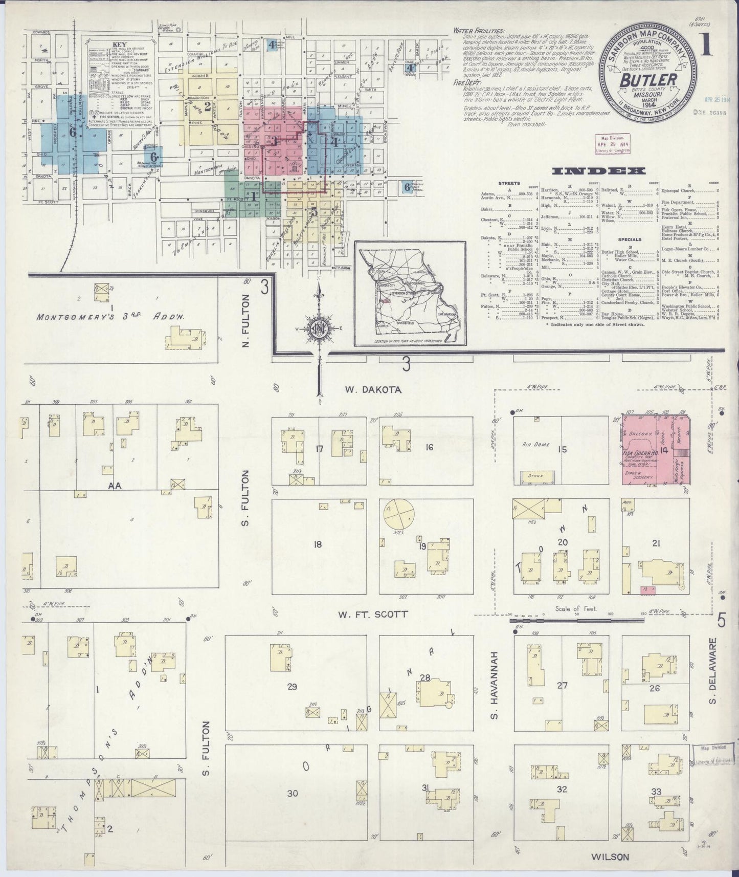 Sanborn Fire Insurance Map from Butler, Bates County, Missouri (1914), Sheet #0001 - Historic Sanborn Fire Insurance Map Print, vintage old map wall art, antique decor, genealogy gift, Missouri Missouri map