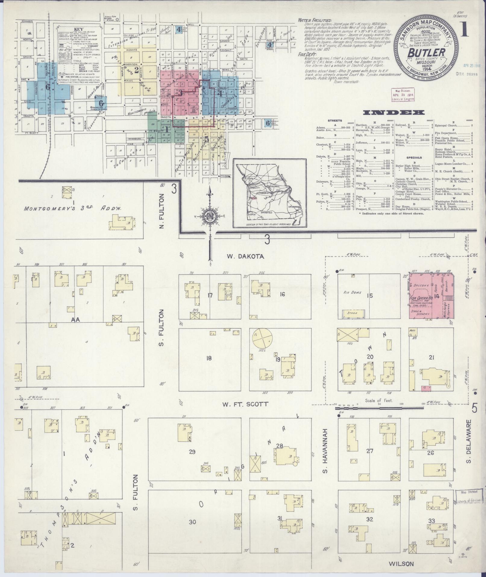 Sanborn Fire Insurance Map from Butler, Bates County, Missouri (1914), Sheet #0001 - Historic Sanborn Fire Insurance Map Print, vintage old map wall art, antique decor, genealogy gift, Missouri Missouri map