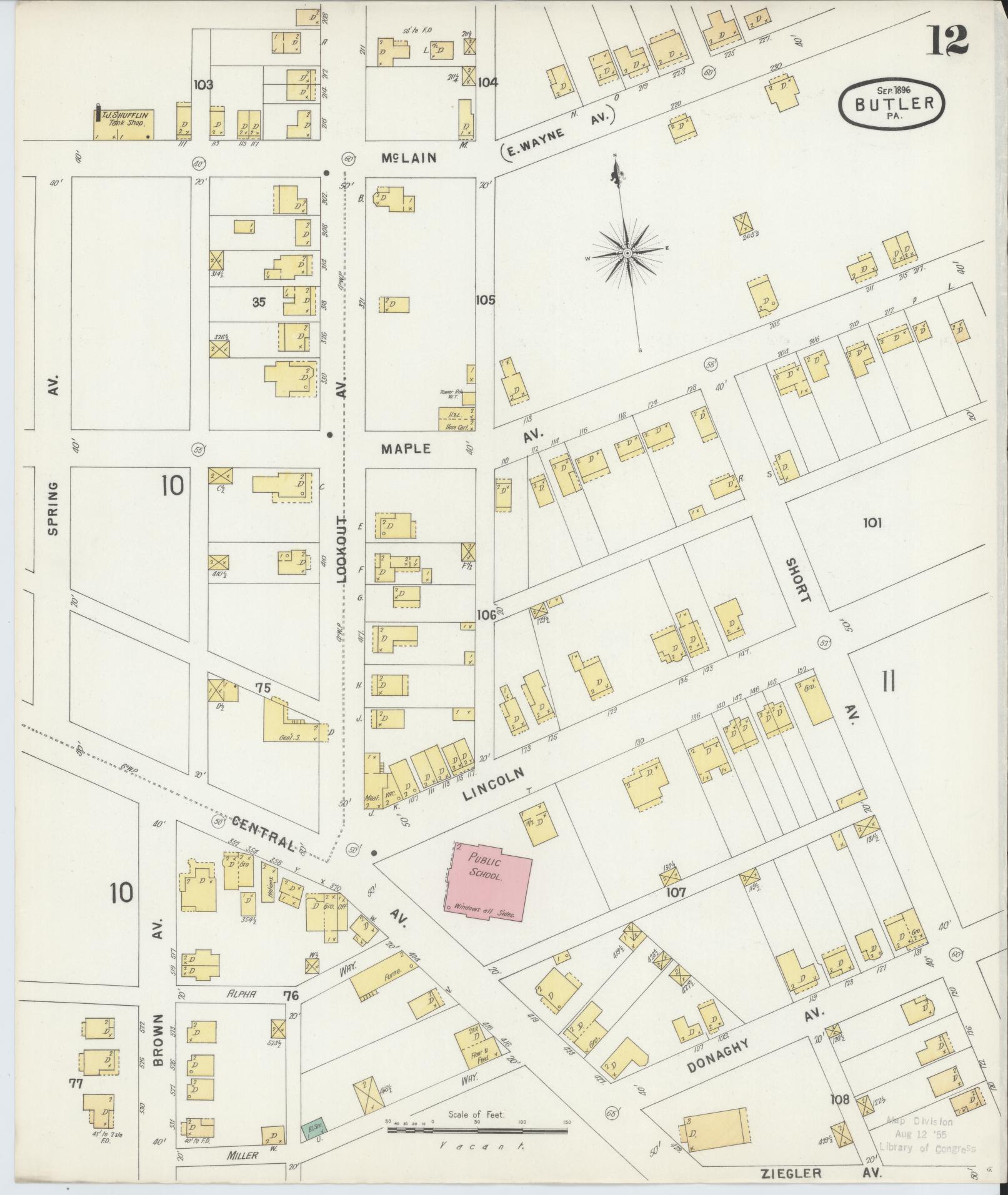 Sanborn Fire Insurance Map from Butler, Butler County, Pennsylvania (1896), Sheet #0012 - Historic Sanborn Fire Insurance Map Print, vintage old map wall art, antique decor, genealogy gift, Pennsylvania Pennsylvania map