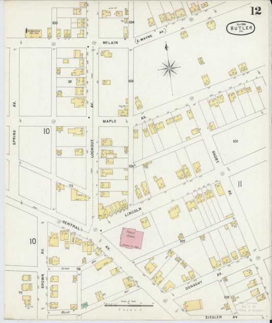 Sanborn Fire Insurance Map from Butler, Butler County, Pennsylvania (1896), Sheet #0012 - Historic Sanborn Fire Insurance Map Print, vintage old map wall art, antique decor, genealogy gift, Pennsylvania Pennsylvania map