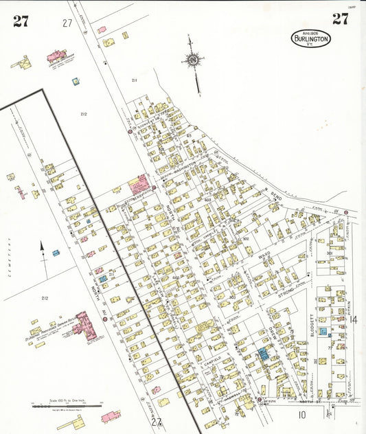 Sanborn Fire Insurance Map from Burlington, Chittenden County, Vermont (1926), Sheet #0027 - Historic Sanborn Fire Insurance Map Print, vintage old map wall art, antique decor, genealogy gift, Vermont Vermont map