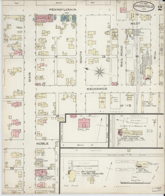 Sanborn Fire Insurance Map from Greenfield, Hancock County, Indiana (1886), Sheet #0002 - Historic Sanborn Fire Insurance Map Print, vintage old map wall art, antique decor, genealogy gift, Indiana Indiana map