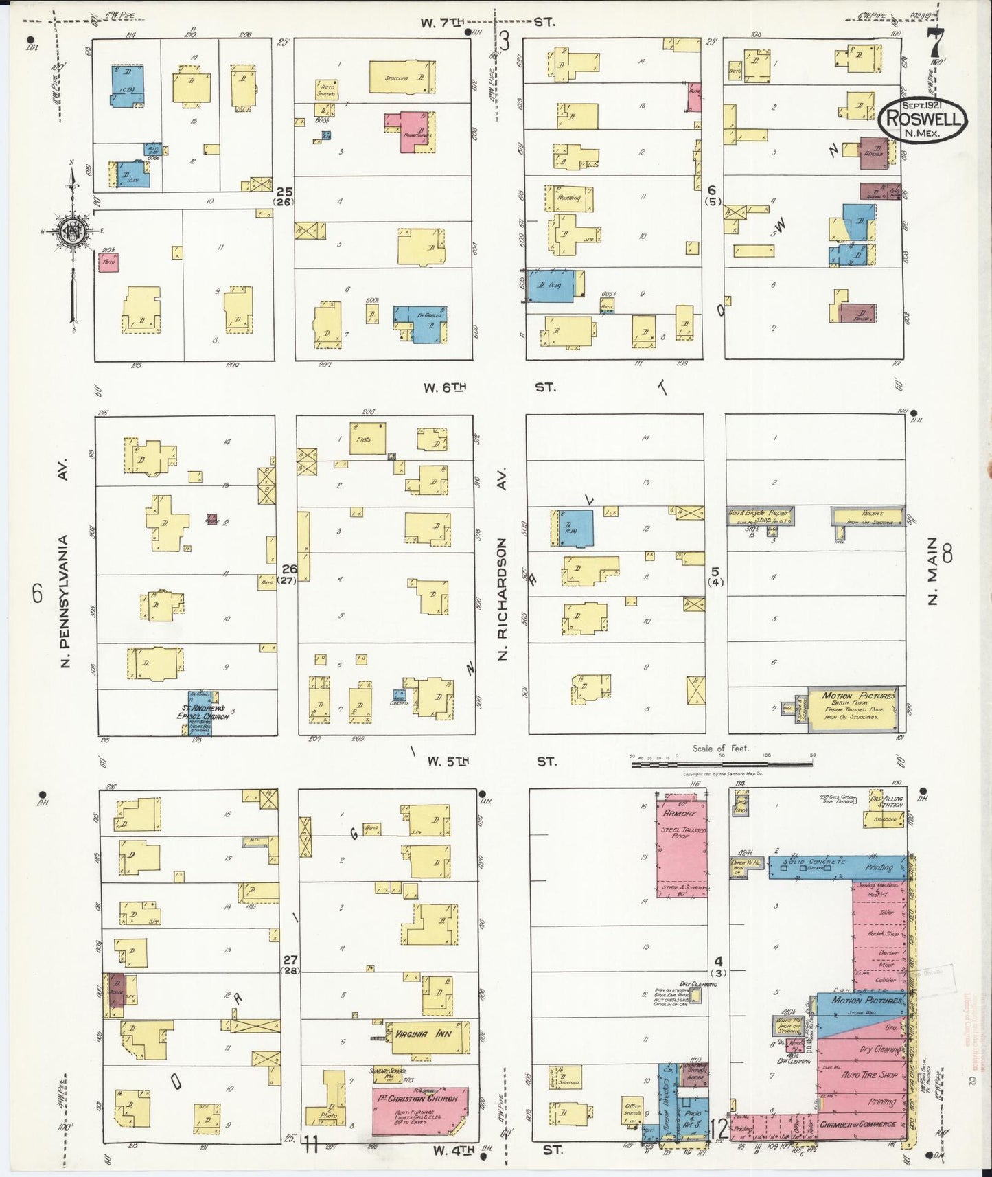Sanborn Fire Insurance Map from Roswell, Chaves County, New Mexico (1921), Sheet #0007 - Historic Sanborn Fire Insurance Map Print, vintage old map wall art, antique decor, genealogy gift, New Mexico New Mexico map