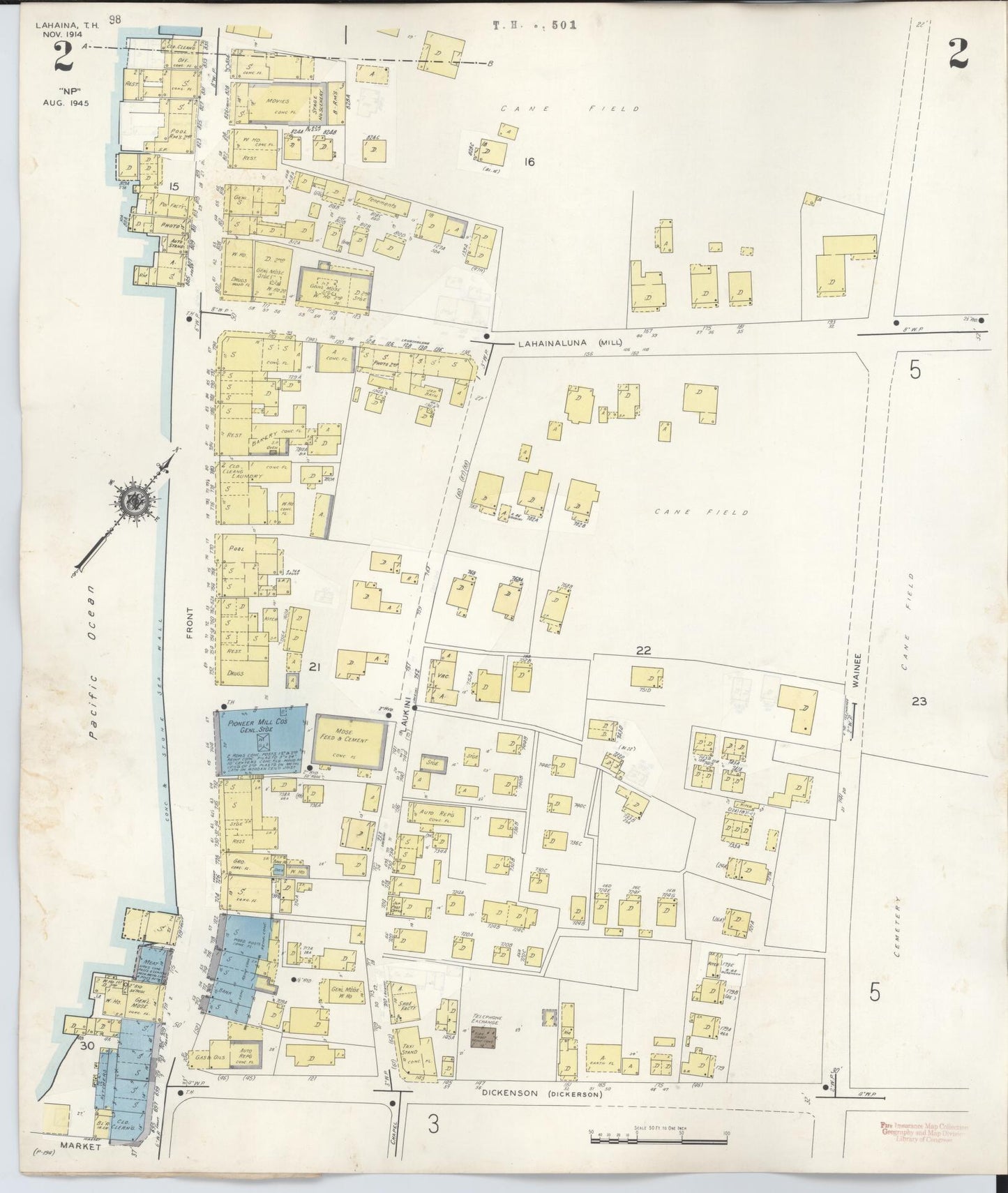 Sanborn Fire Insurance Map from Lahaina, Maui County, Hawaii (1950), Sheet #0002 - Historic Sanborn Fire Insurance Map Print, vintage old map wall art, antique decor, genealogy gift, Hawaii Hawaii map