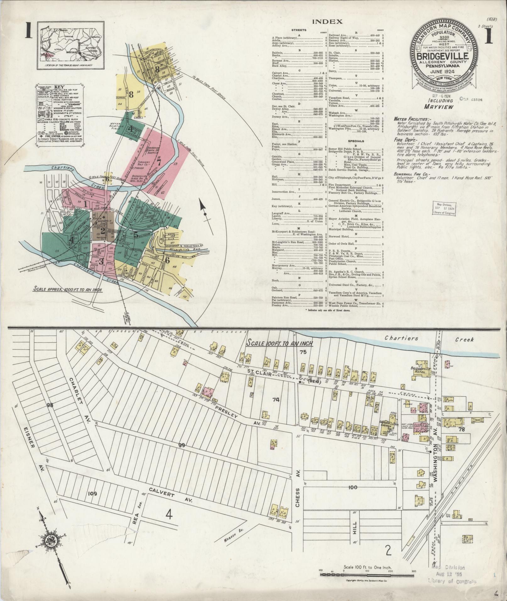 Sanborn Fire Insurance Map from Bridgeville, Allegheny County, Pennsylvania (1924), Sheet #0001 - Historic Sanborn Fire Insurance Map Print, vintage old map wall art, antique decor, genealogy gift, Pennsylvania Pennsylvania map