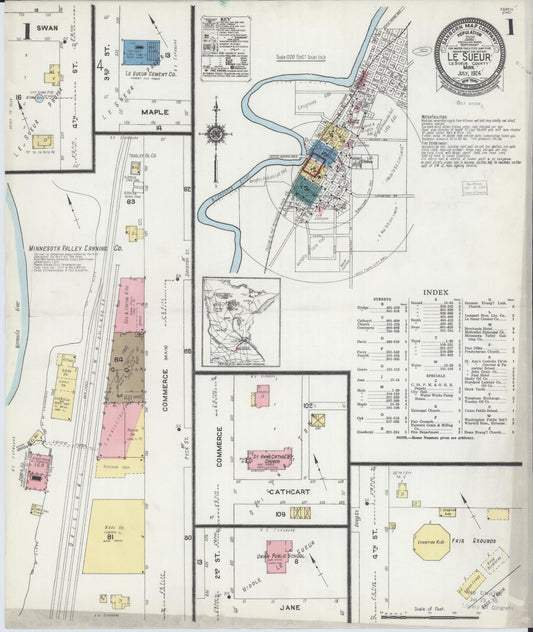 Sanborn Fire Insurance Map from Le Sueur, Le Sueur County, Minnesota (1924), Sheet #0001 - Complete Map Set gallery image, historic Sanborn map, vintage wall art, Minnesota Minnesota