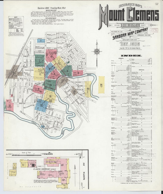 Sanborn Fire Insurance Map from Mount Clemens, Macomb County, Michigan (1909), Sheet #0001 - Historic Sanborn Fire Insurance Map Print, vintage old map wall art, antique decor, genealogy gift, Michigan Michigan map
