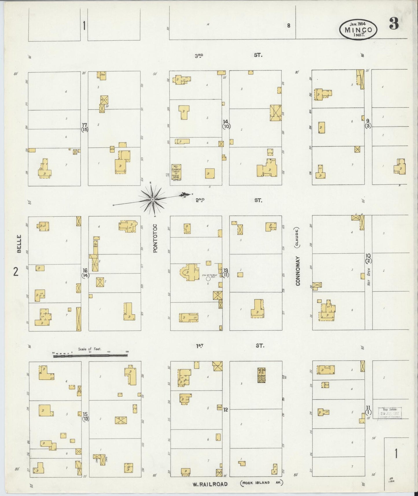 Sanborn Fire Insurance Map from Minco, Grady County, Oklahoma (1904), Sheet #0003 - Complete Map Set gallery image, historic Sanborn map, vintage wall art, Oklahoma Oklahoma