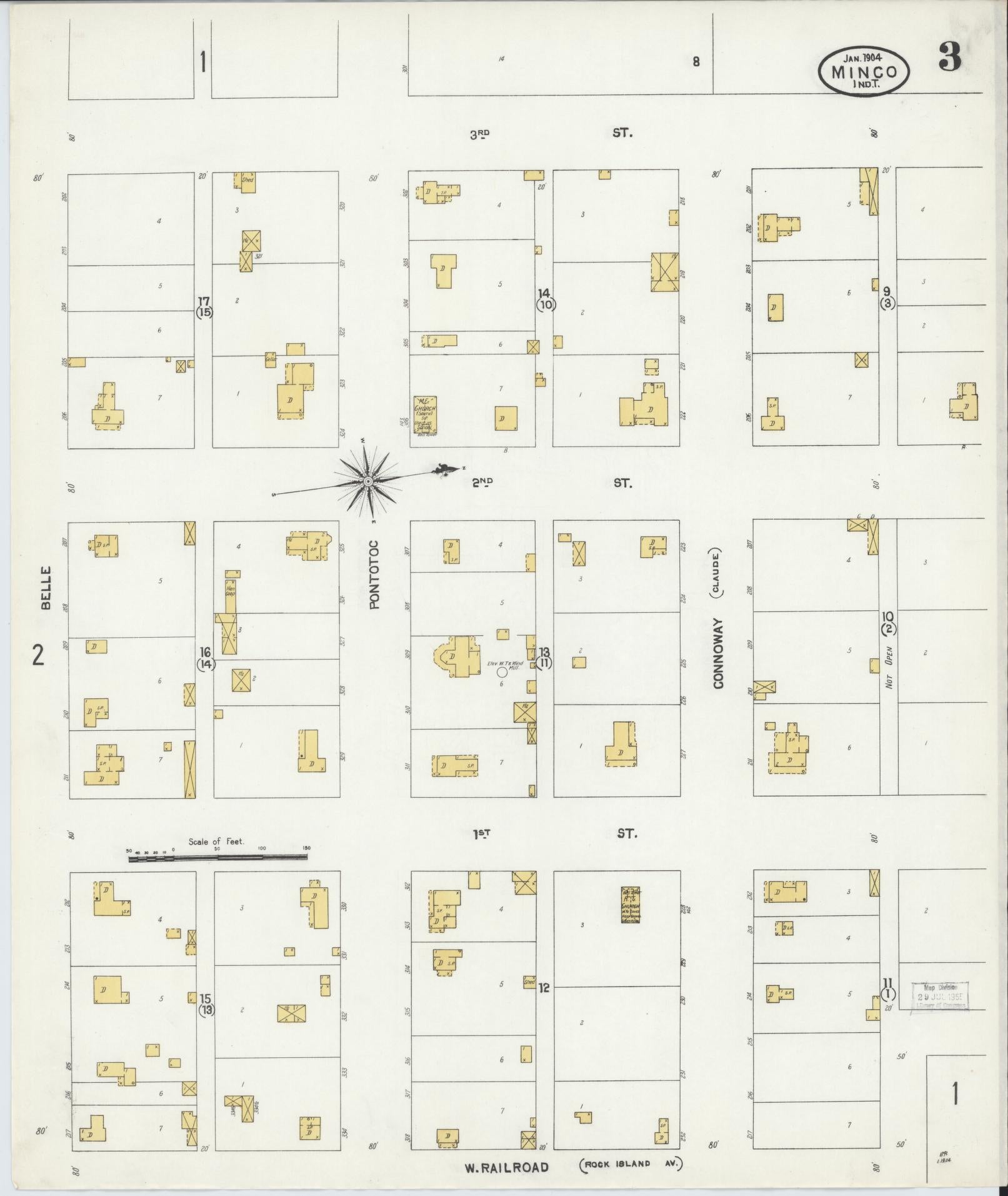 Sanborn Fire Insurance Map from Minco, Grady County, Oklahoma (1904), Sheet #0003 - Complete Map Set gallery image, historic Sanborn map, vintage wall art, Oklahoma Oklahoma