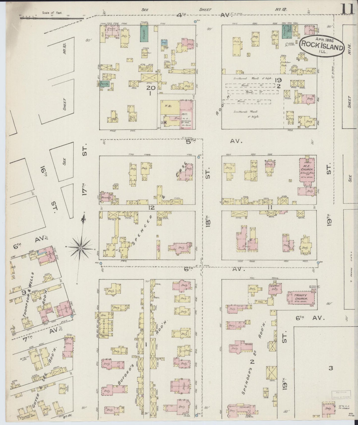 Sanborn Fire Insurance Map from Rock Island, Rock Island County, Illinois (1886), Sheet #0011 - Historic Sanborn Fire Insurance Map Print, vintage old map wall art, antique decor, genealogy gift, Illinois Illinois map