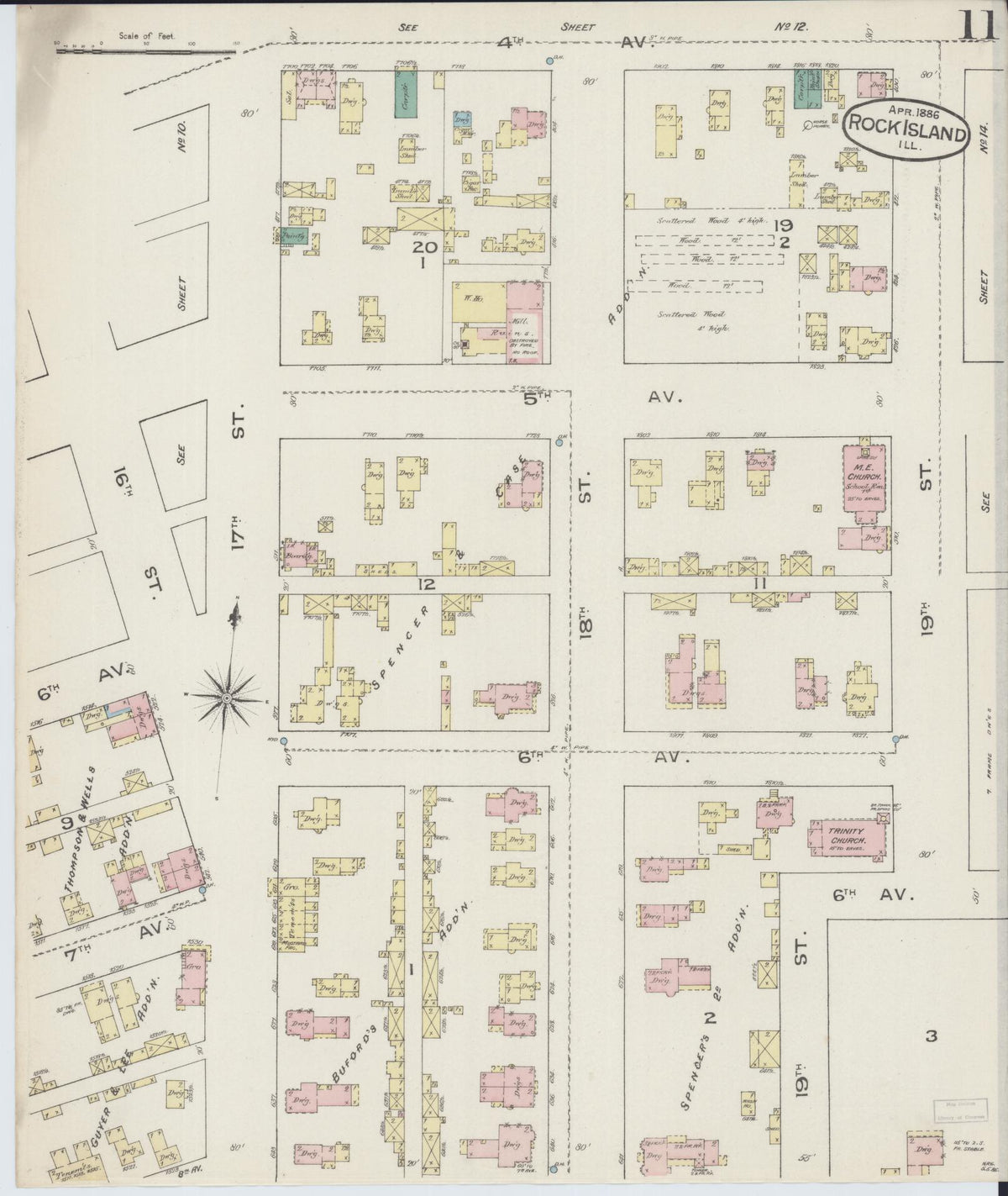 Sanborn Fire Insurance Map from Rock Island, Rock Island County, Illinois (1886), Sheet #0011 - Historic Sanborn Fire Insurance Map Print, vintage old map wall art, antique decor, genealogy gift, Illinois Illinois map