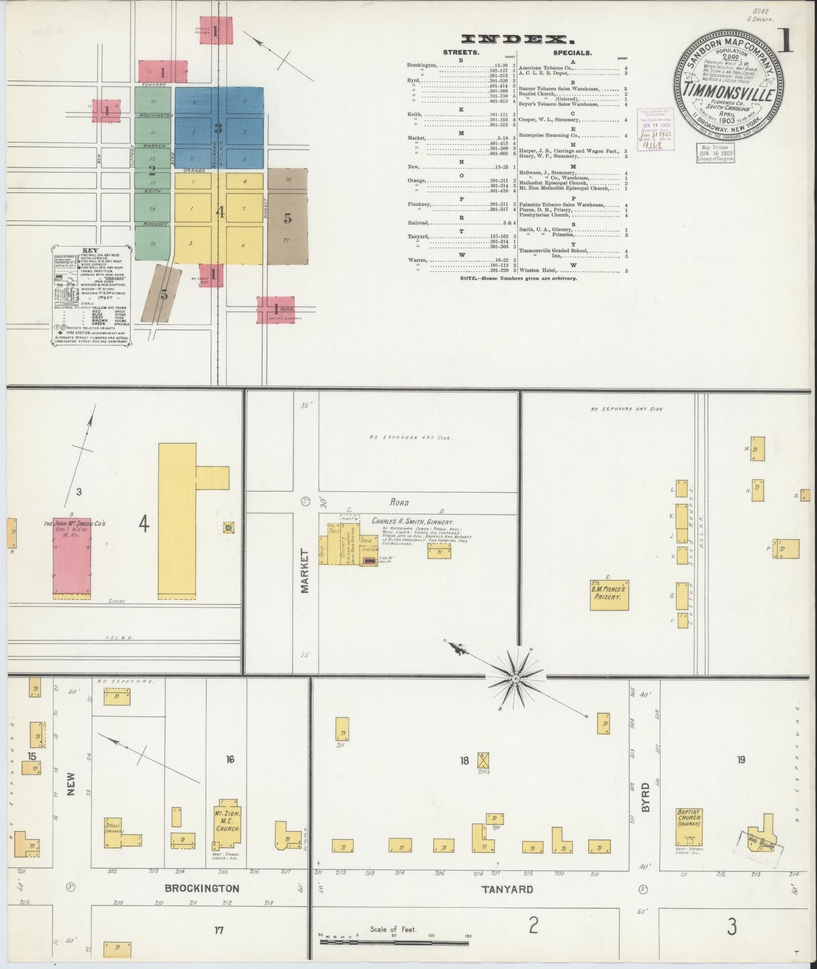 Sanborn Fire Insurance Map from Timmonsville, Florence County, South Carolina (1903), Sheet #0001 - Complete Map Set gallery image, historic Sanborn map, vintage wall art, South Carolina South Carolina