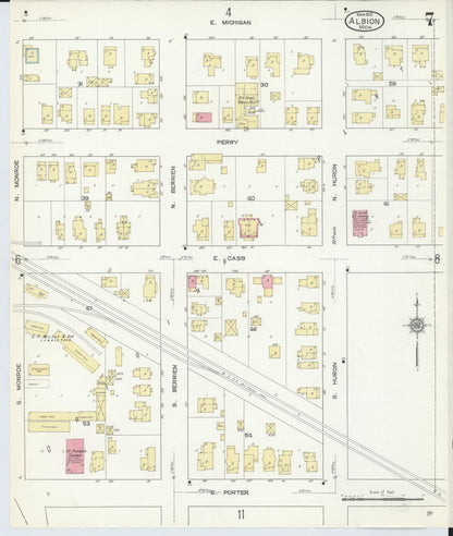 Sanborn Fire Insurance Map from Albion, Calhoun County, Michigan (1913), Sheet #0007 - Historic Sanborn Fire Insurance Map Print, vintage old map wall art, antique decor, genealogy gift, Michigan Michigan map