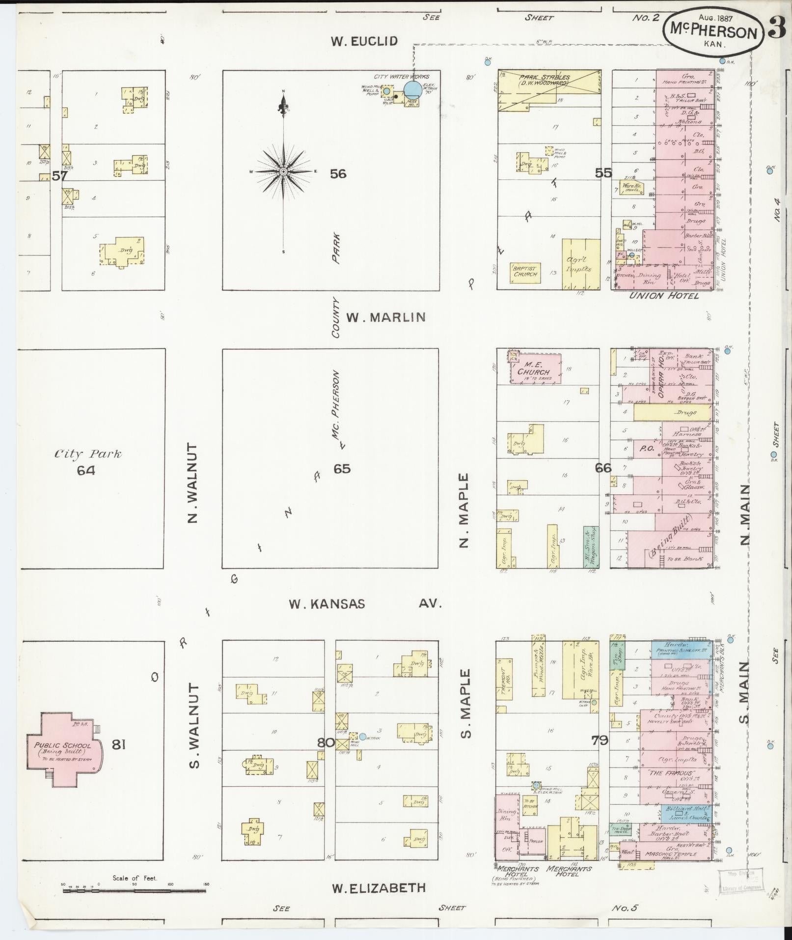 Sanborn Fire Insurance Map from Mcpherson, Mcpherson County, Kansas (1887), Sheet #0003 - Complete Map Set gallery image, historic Sanborn map, vintage wall art, Kansas Kansas