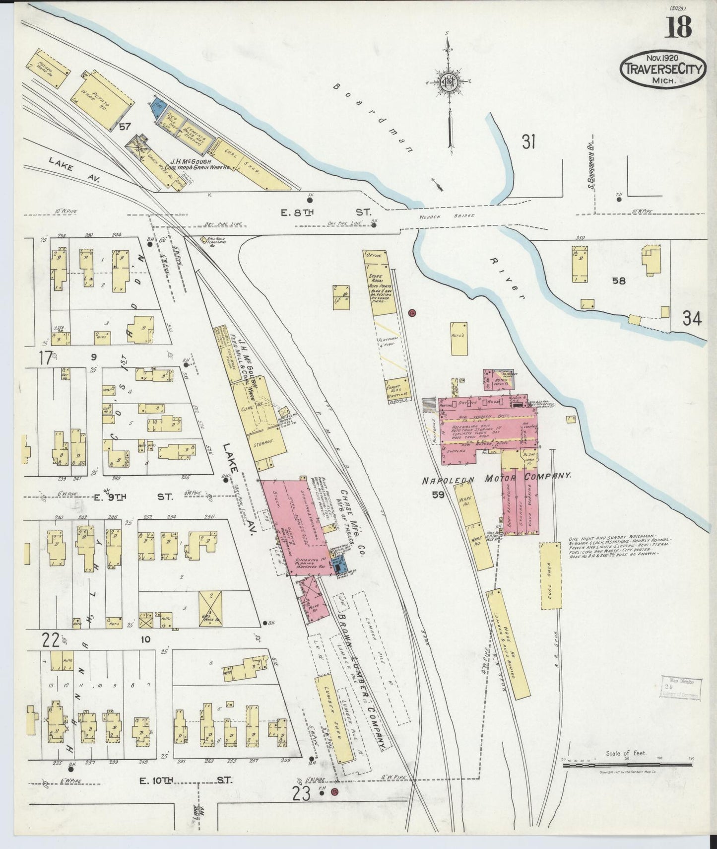 Sanborn Fire Insurance Map from Traverse City, Grand Traverse County, Michigan (1920), Sheet #0018 - Complete Map Set gallery image, historic Sanborn map, vintage wall art, Michigan Michigan