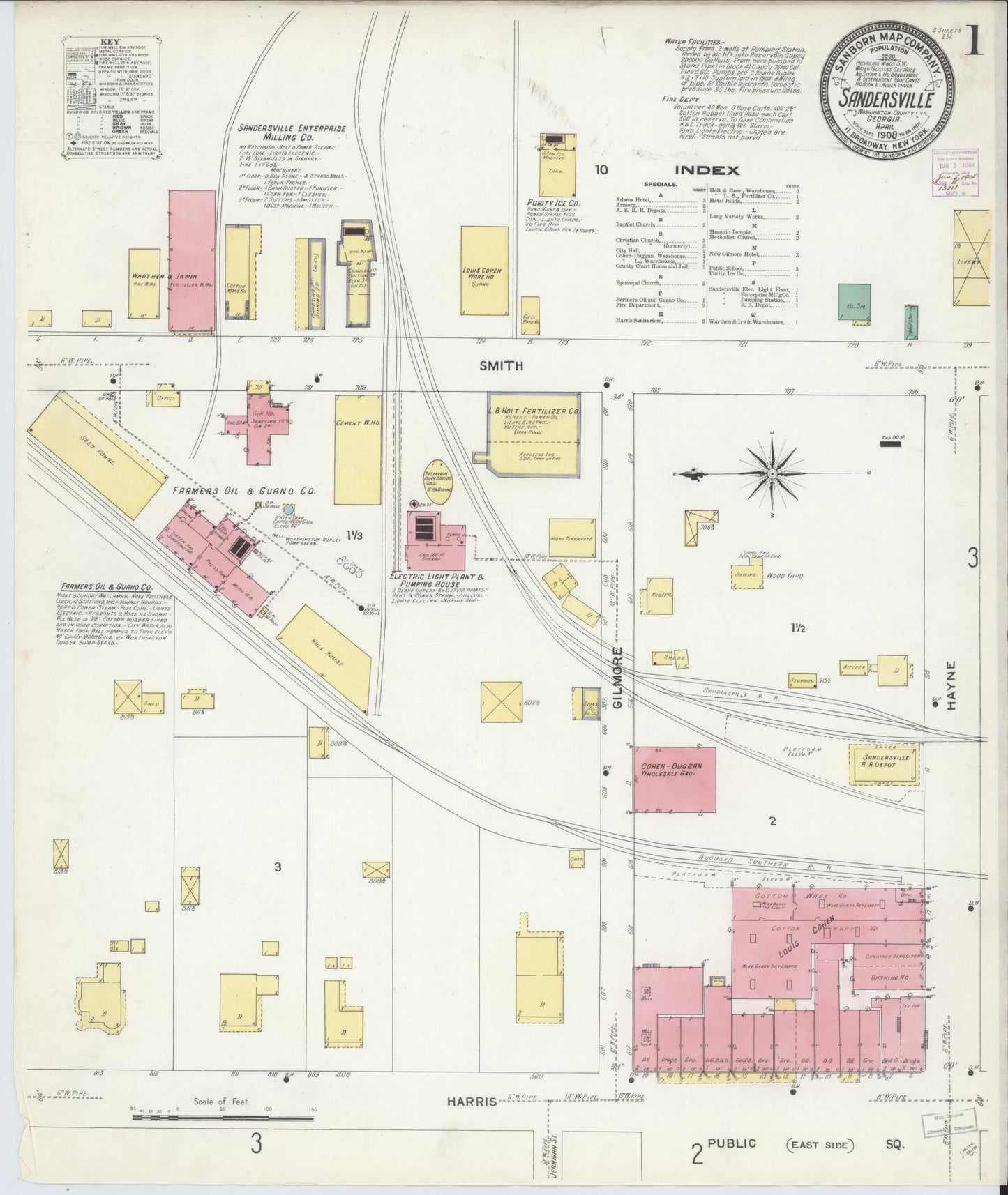 Sanborn Fire Insurance Map from Sandersville, Washington County, Georgia (1908), Sheet #0001 - Complete Map Set gallery image, historic Sanborn map, vintage wall art, Georgia Georgia