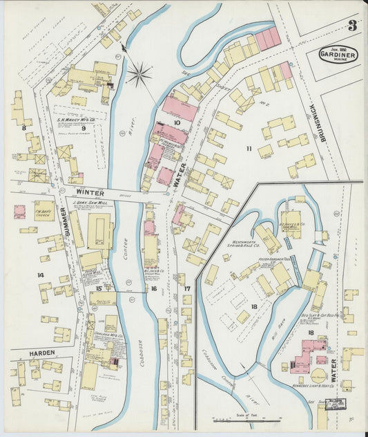 Sanborn Fire Insurance Map from Gardiner, Kennebec County, Maine (1892), Sheet #0003 - Historic Sanborn Fire Insurance Map Print, vintage old map wall art, antique decor, genealogy gift, Maine Maine map