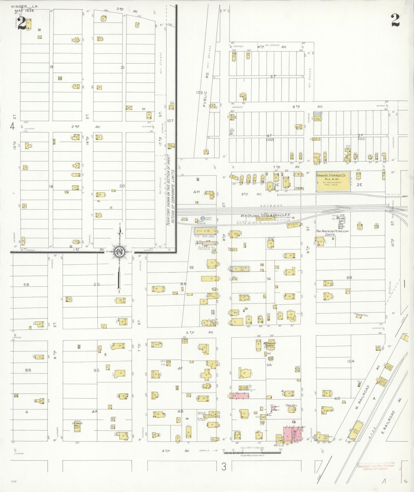 Sanborn Fire Insurance Map from Kinder, Allen Parish, Louisiana (1938), Sheet #0002 - Complete Map Set gallery image, historic Sanborn map, vintage wall art, Louisiana Louisiana