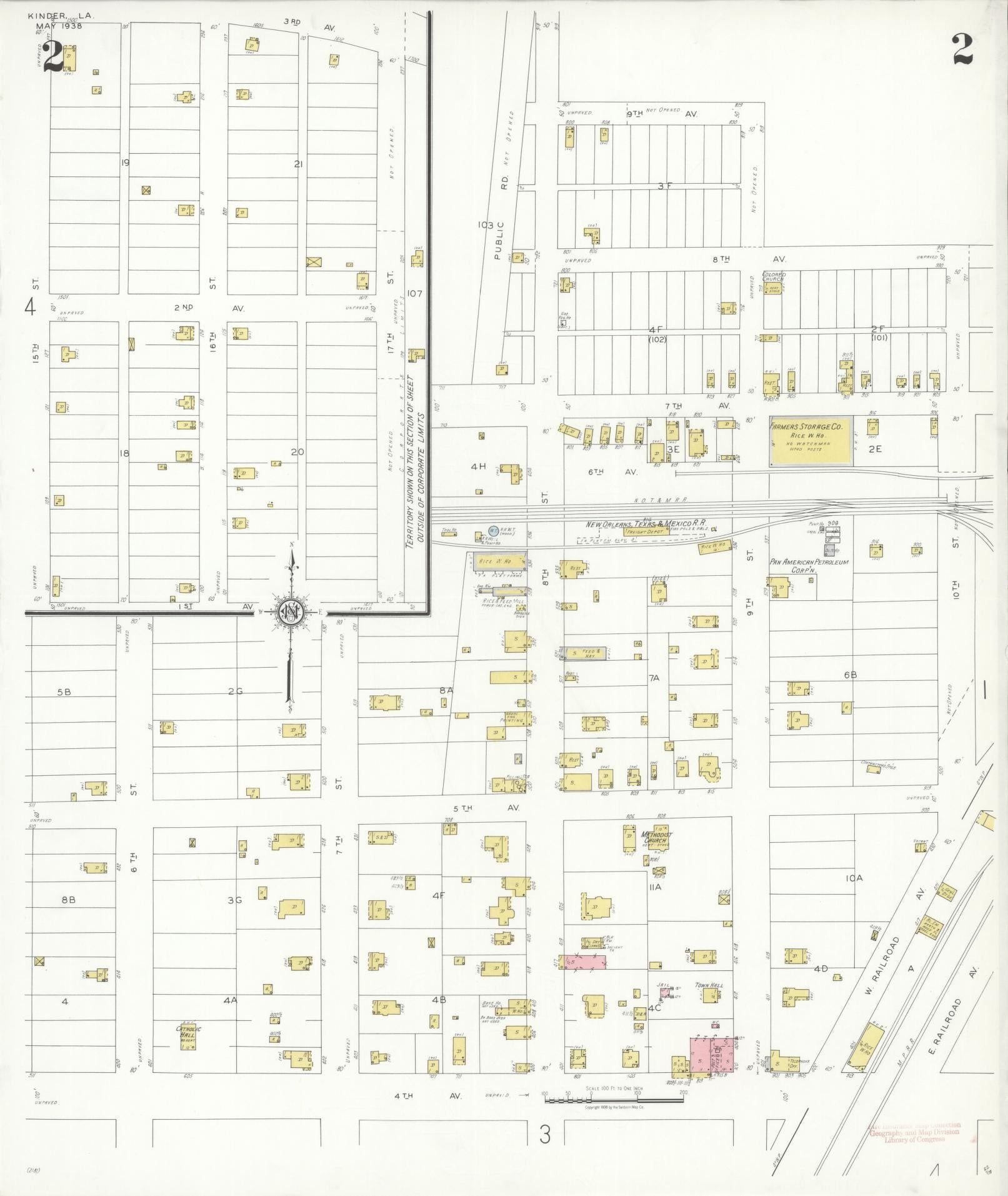 Sanborn Fire Insurance Map from Kinder, Allen Parish, Louisiana (1938), Sheet #0002 - Complete Map Set gallery image, historic Sanborn map, vintage wall art, Louisiana Louisiana