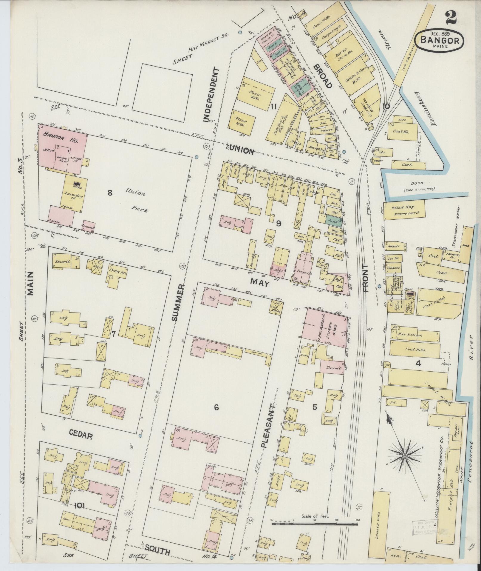 Sanborn Fire Insurance Map from Bangor, Penobscot County, Maine (1889), Sheet #0002 - Historic Sanborn Fire Insurance Map Print, vintage old map wall art, antique decor, genealogy gift, Maine Maine map