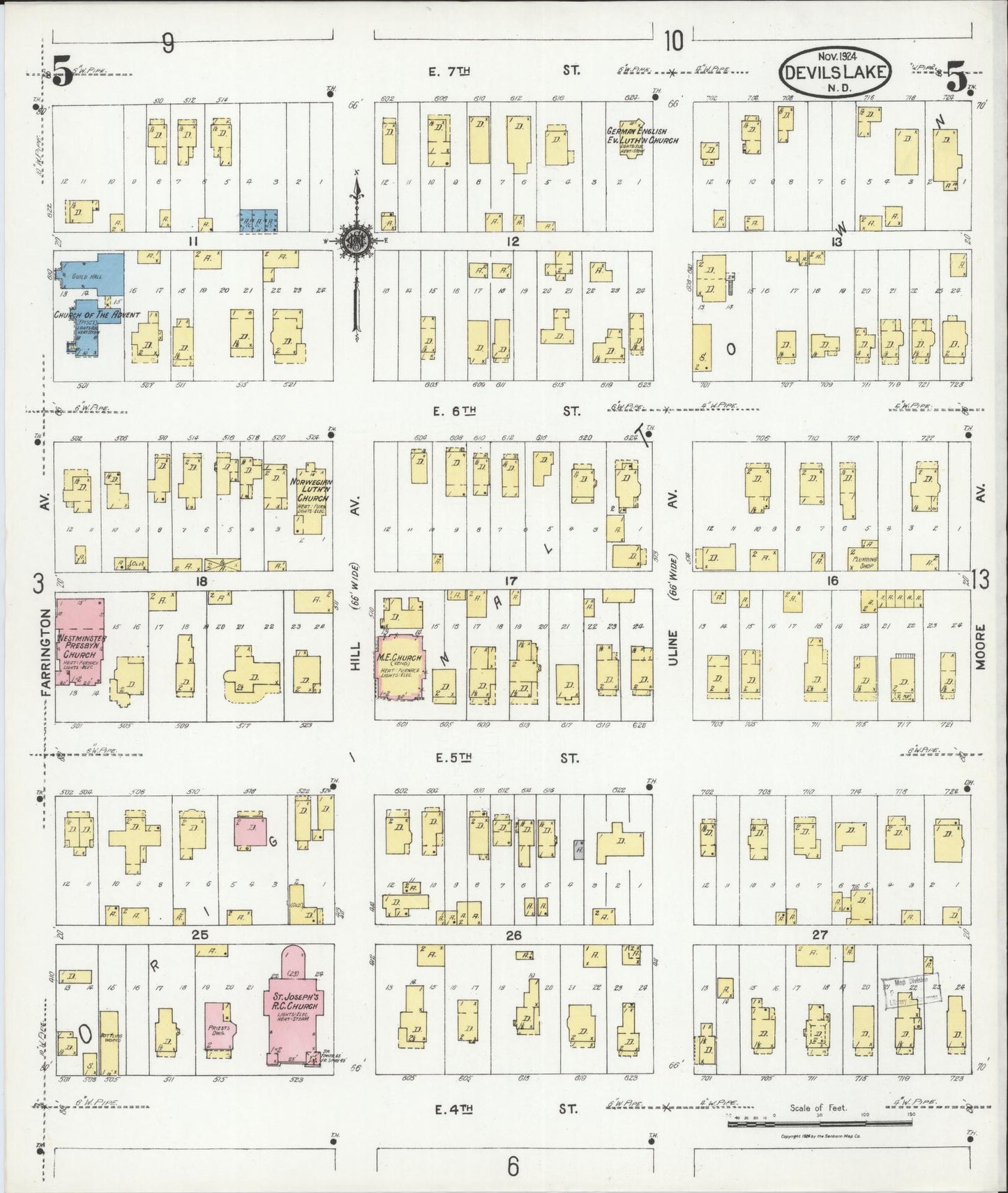 Sanborn Fire Insurance Map from Devils Lake, Ramsey County, North Dakota (1924), Sheet #0005 - Historic Sanborn Fire Insurance Map Print, vintage old map wall art, antique decor, genealogy gift, North Dakota North Dakota map