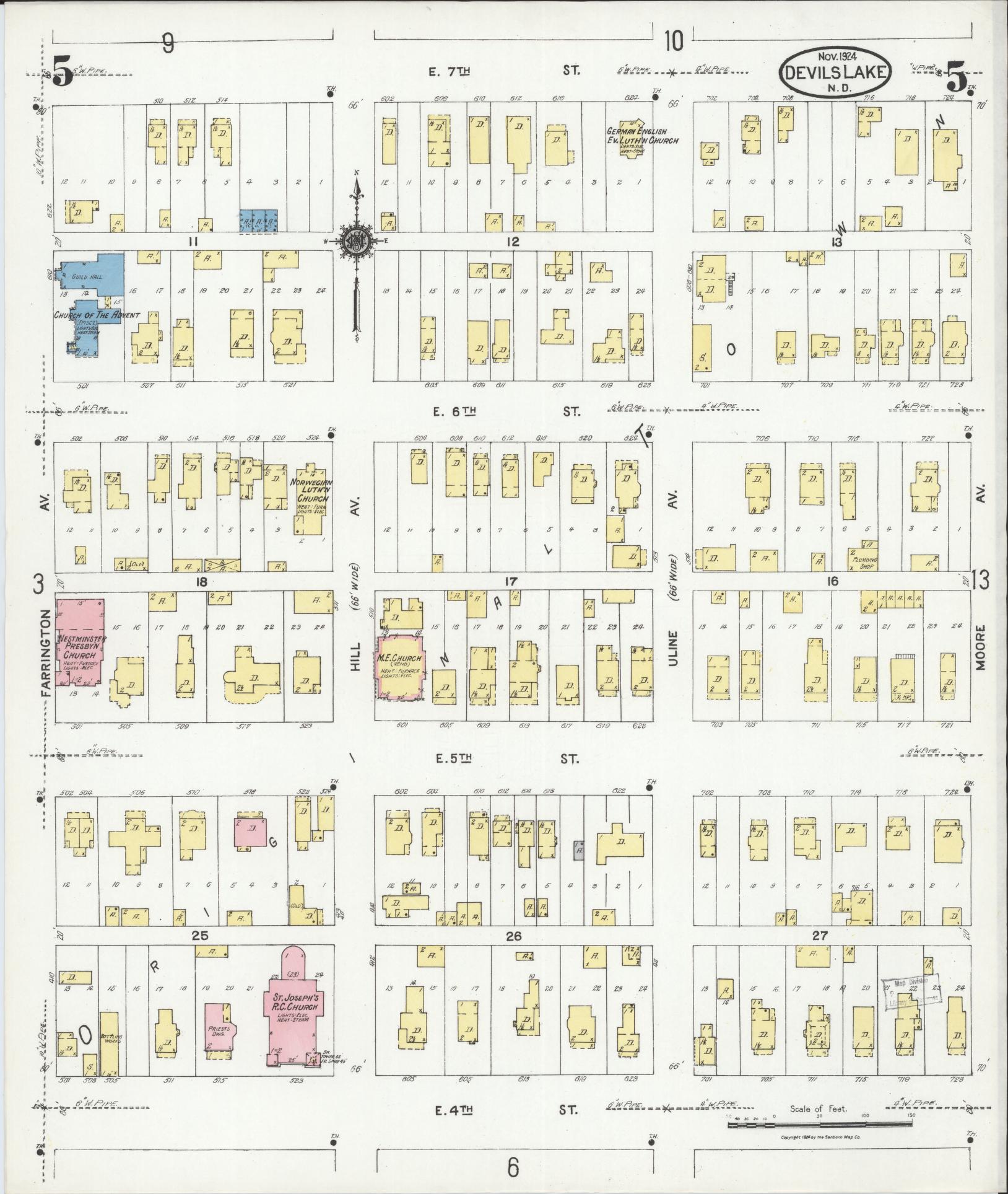 Sanborn Fire Insurance Map from Devils Lake, Ramsey County, North Dakota (1924), Sheet #0005 - Historic Sanborn Fire Insurance Map Print, vintage old map wall art, antique decor, genealogy gift, North Dakota North Dakota map