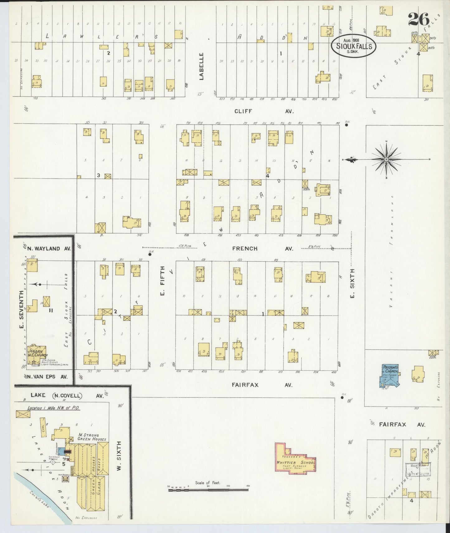 Sanborn Fire Insurance Map from Sioux Falls, Minnehaha County, South Dakota (1908), Sheet #0026 - Complete Map Set gallery image, historic Sanborn map, vintage wall art, South Dakota South Dakota